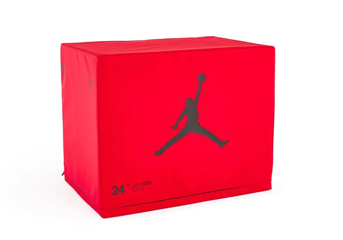 angled view of red plyo box with black Jumpman logo and 24 inch label, Jordan Strength Collection