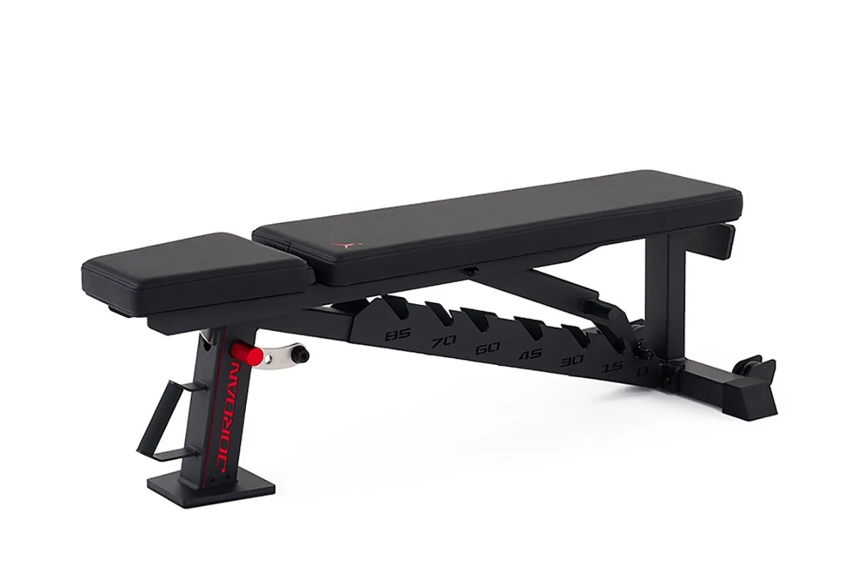 side view of black adjustable weight bench with red Maverick text, Jordan Strength Collection
