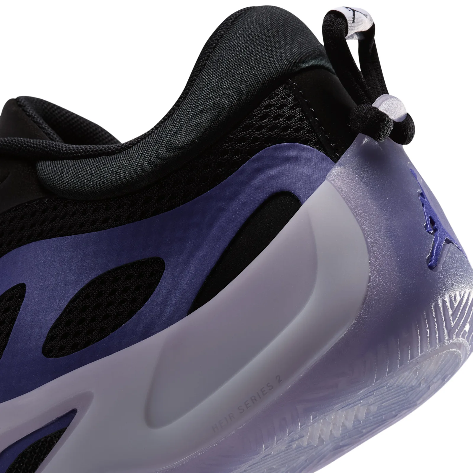 close-up of heel, purple gradient panel, Jumpman logo, embossed heir series 2 text, Concord