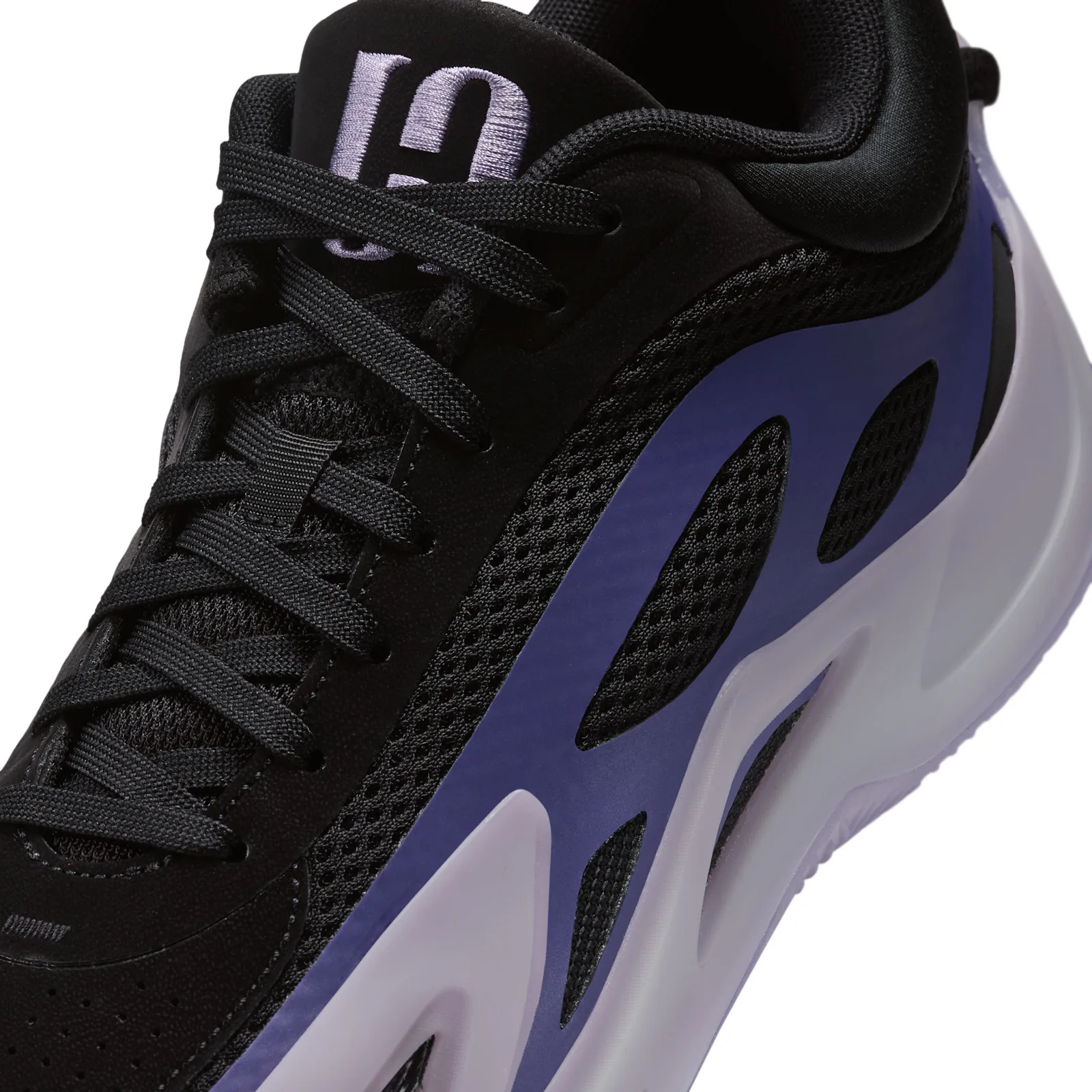 detail of black mesh panel with purple gradient overlay and cutout midsole, Concord