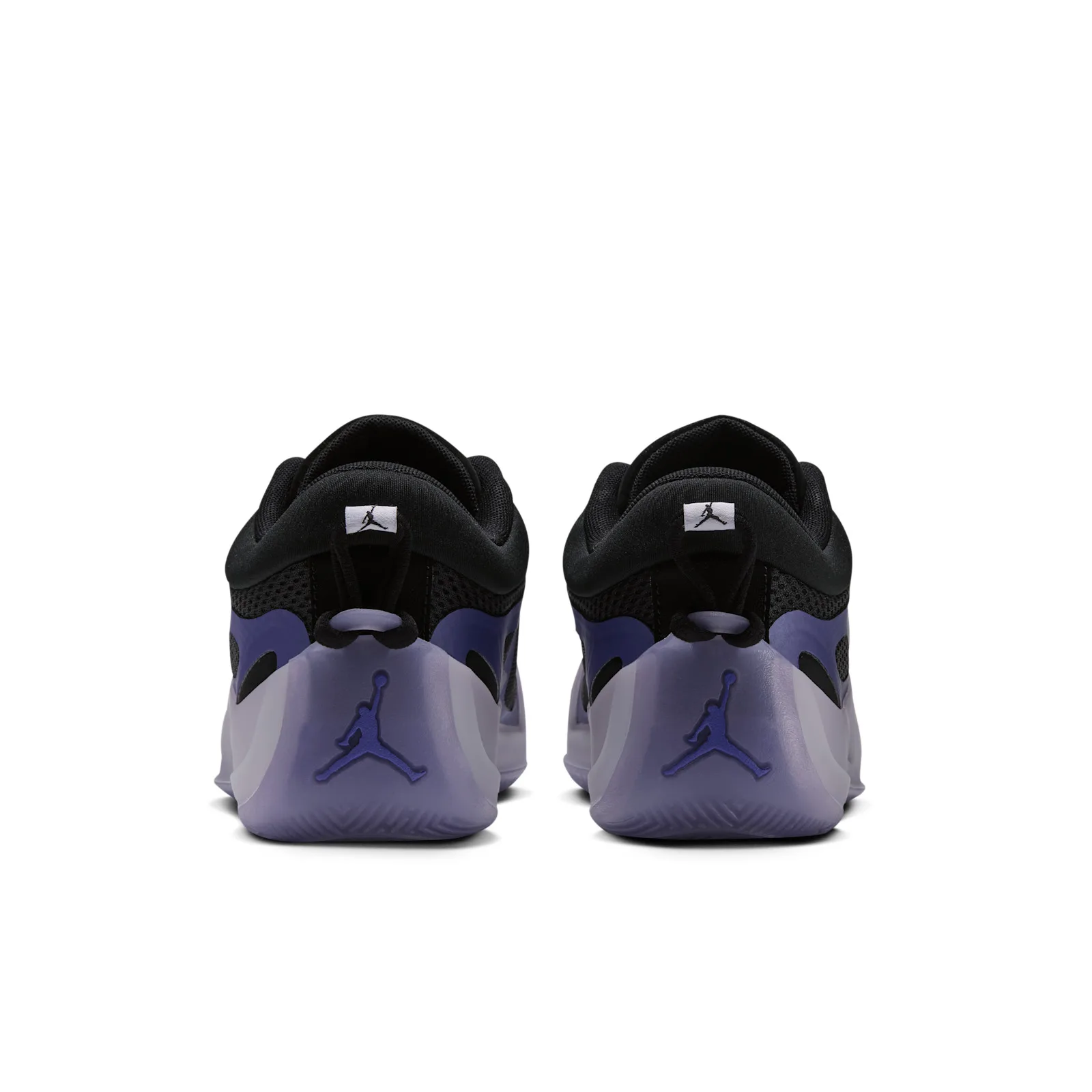 heel view of pair, black counters, purple Jumpman logo on lilac heel tabs, Concord