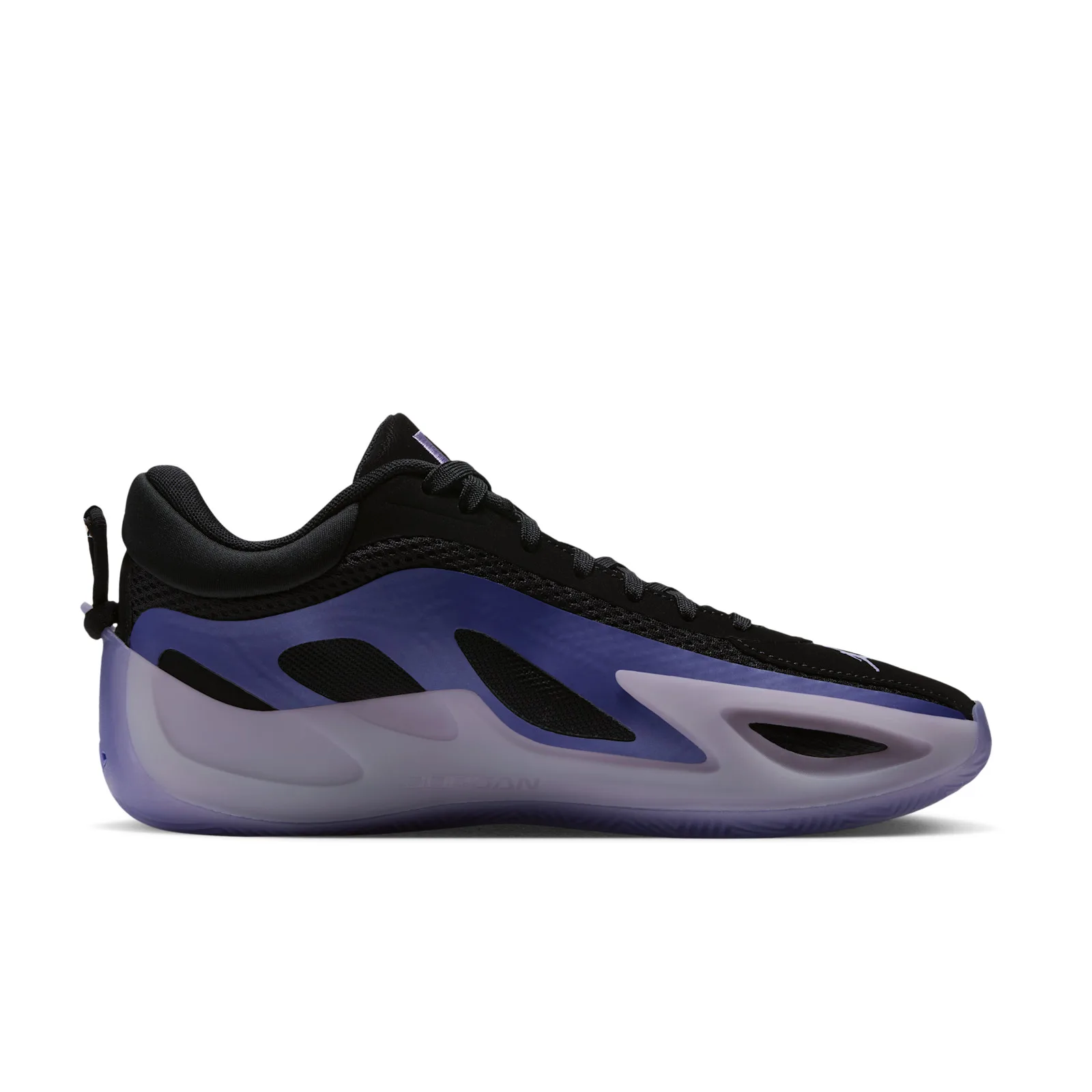 lateral view, black upper, purple gradient panel, lace toggle at heel, Concord