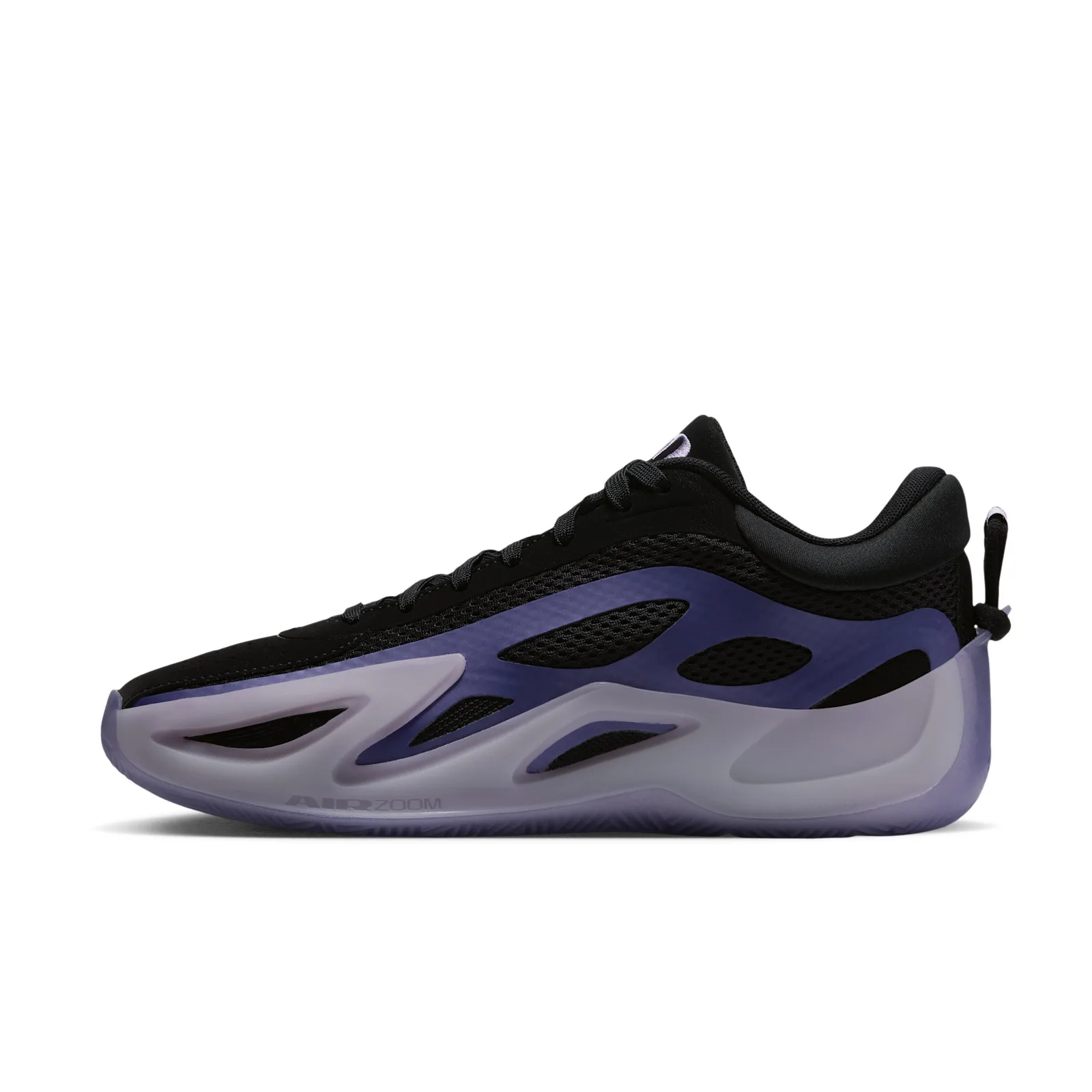 lateral view on white background, black upper, purple gradient midsole panel, Concord
