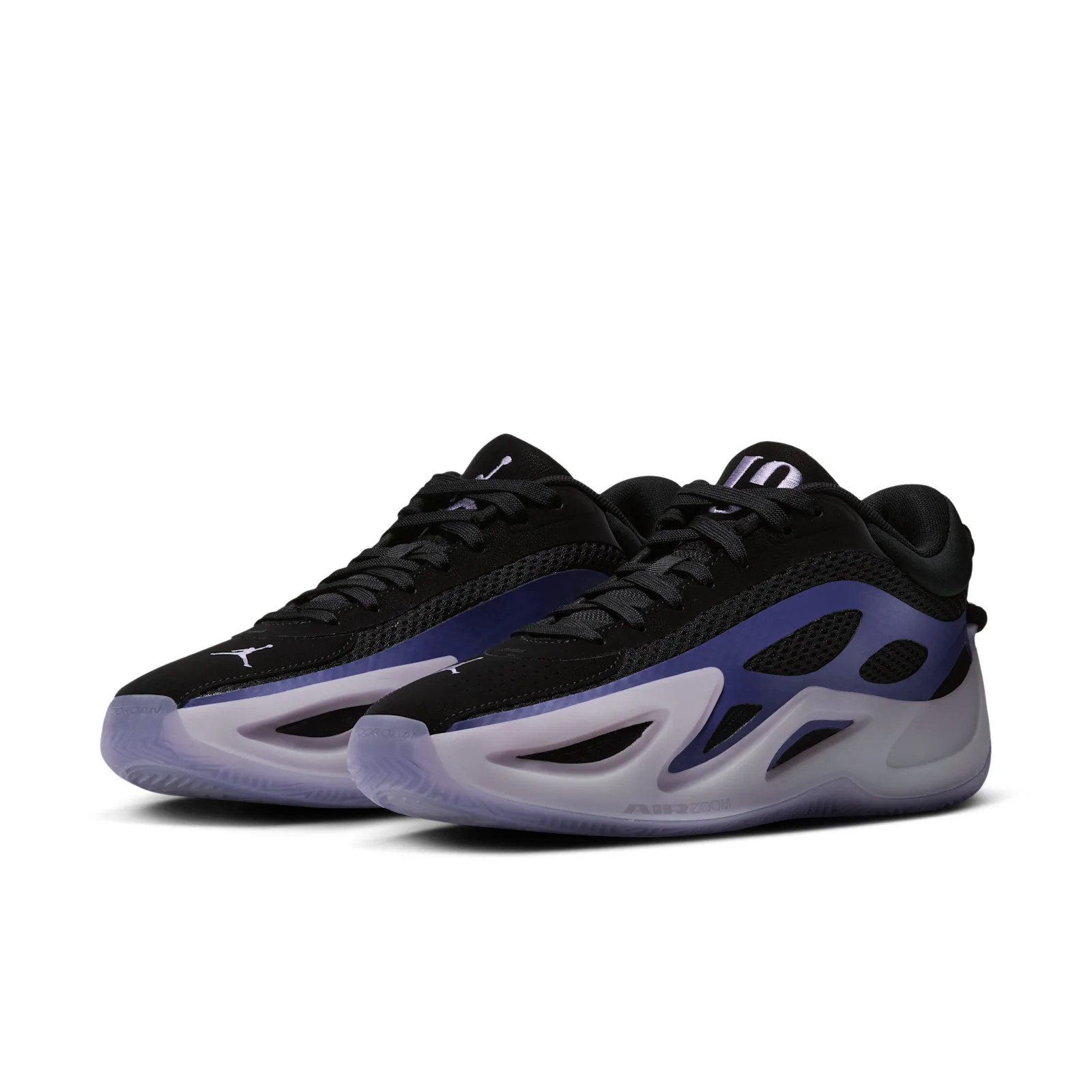 pair in three-quarter view, black and purple uppers, Jumpman logos, lilac soles, Concord