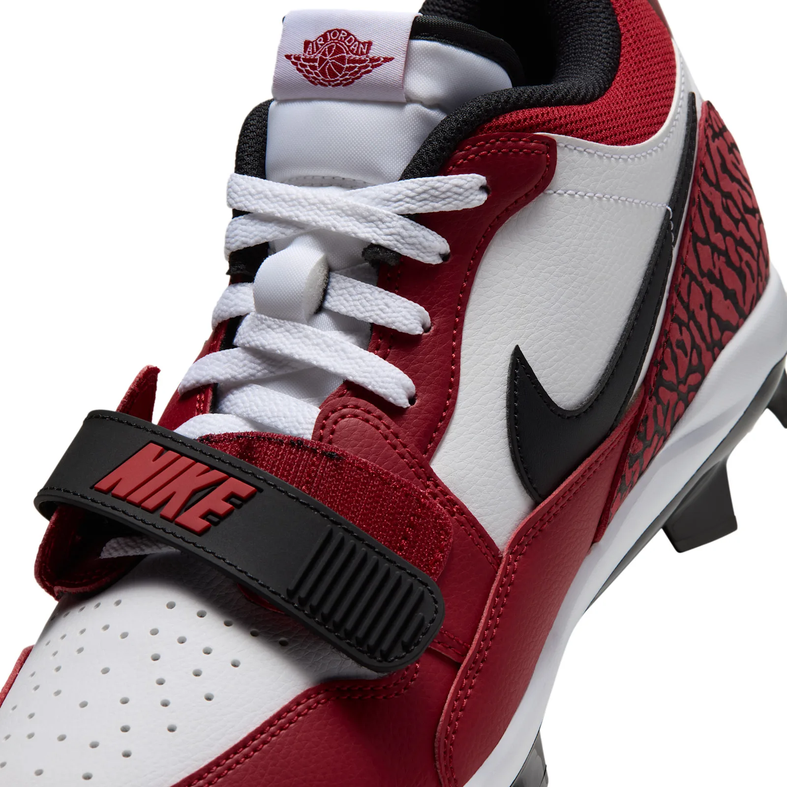 close-up toe detail showing Air Jordan wings tag, laces and elephant print, Chicago