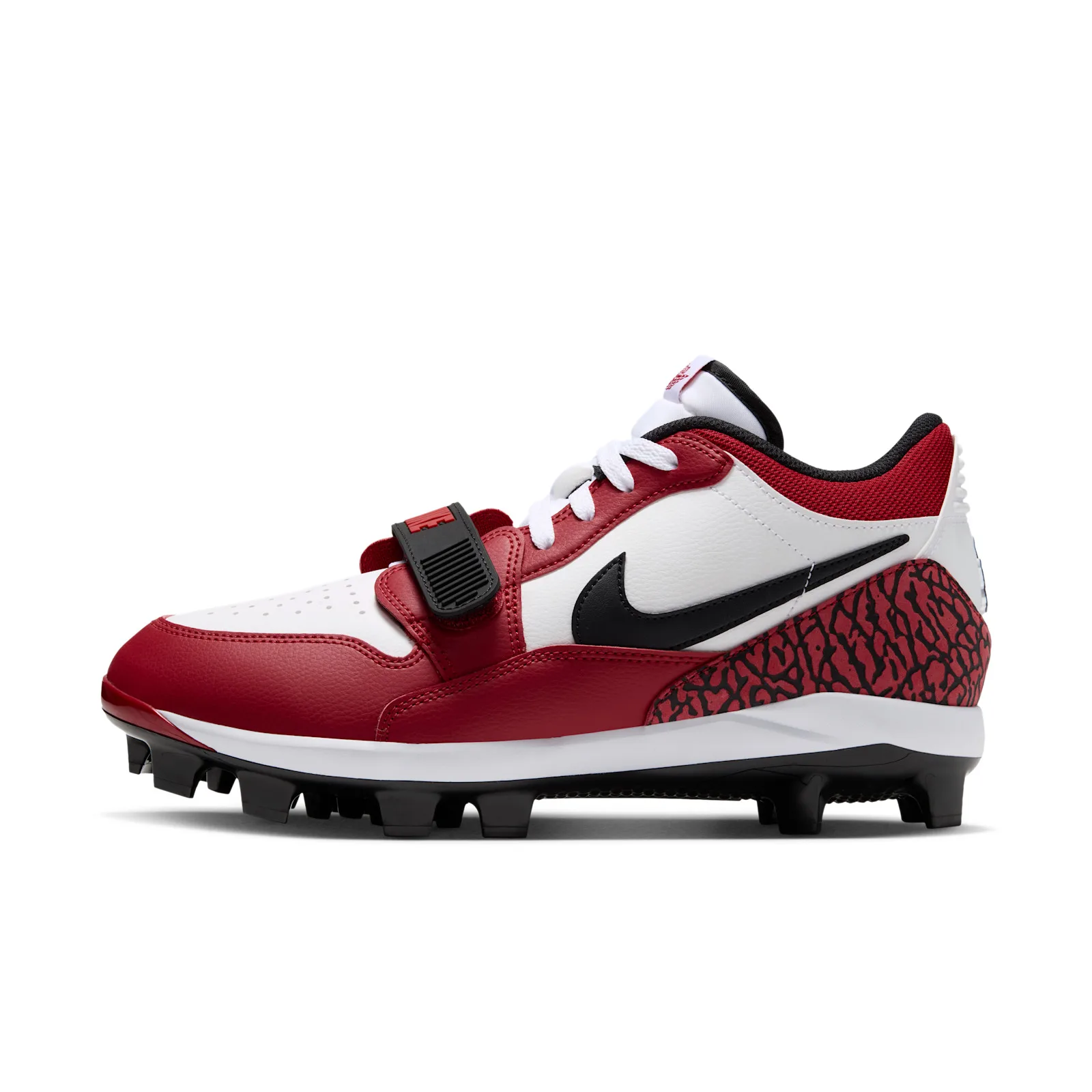 lateral view on white background, red and white cleat with elephant print heel, Chicago