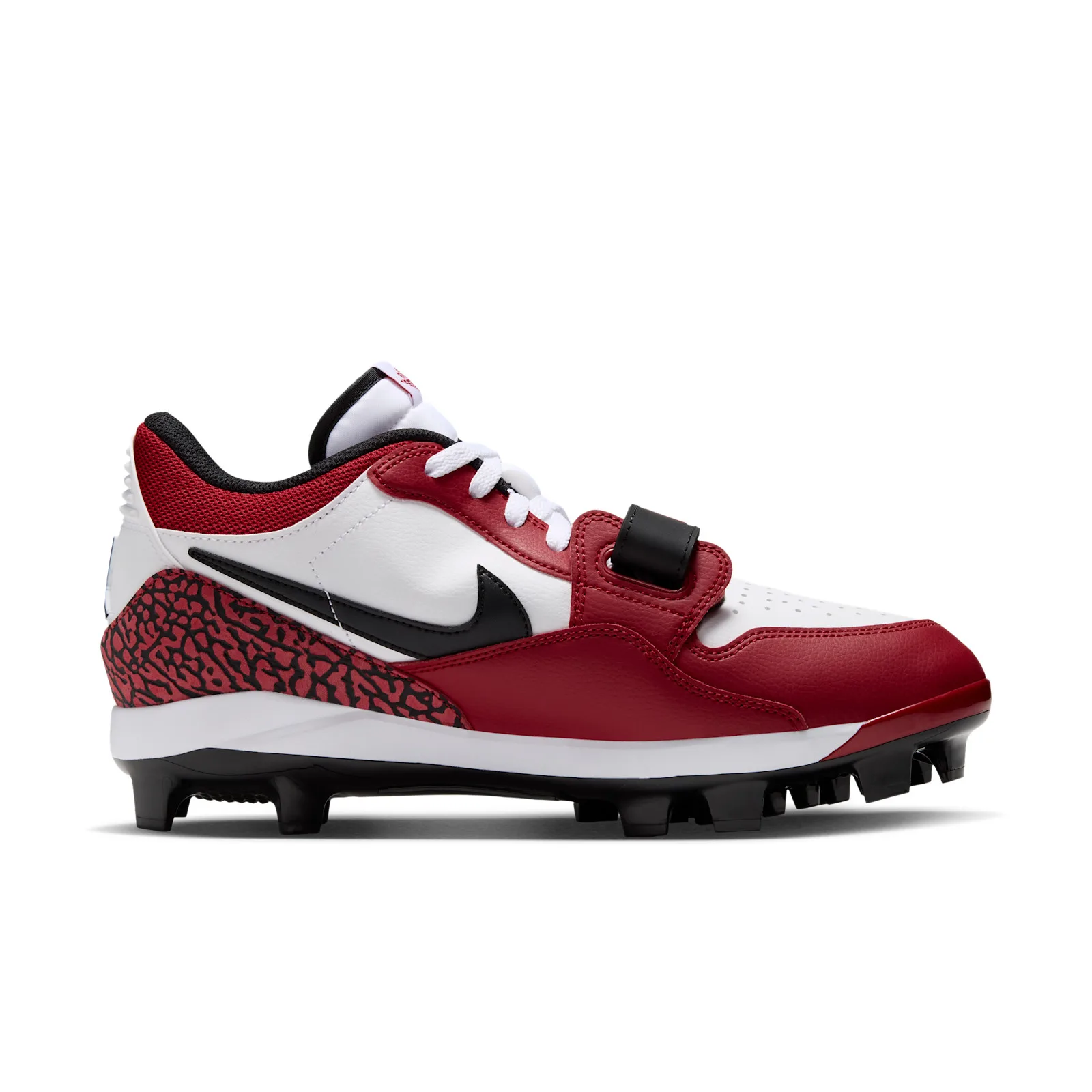 medial view showing red toe cap, white panel, black strap and elephant print heel, Chicago