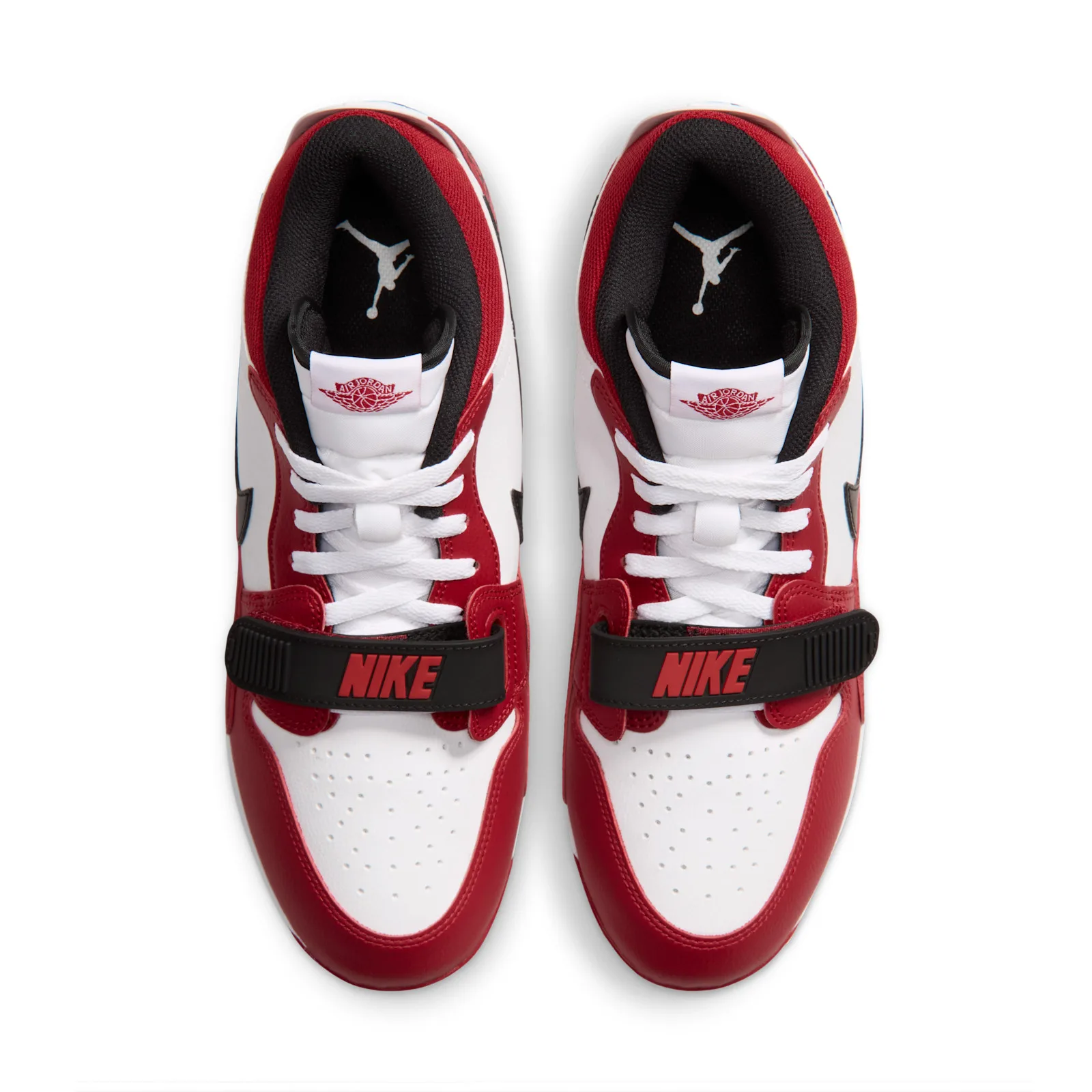 top-down pair view showing white laces, black NIKE straps and Jordan wings tag, Chicago