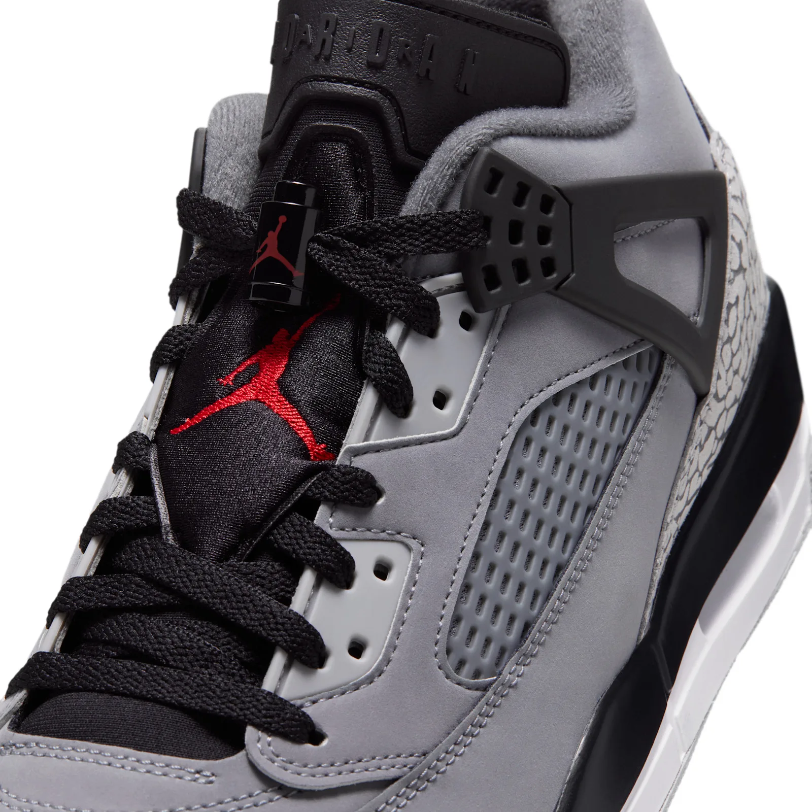 Close-up of laces and tongue, red Jumpman logo, embossed Jordan collar, Cool Grey