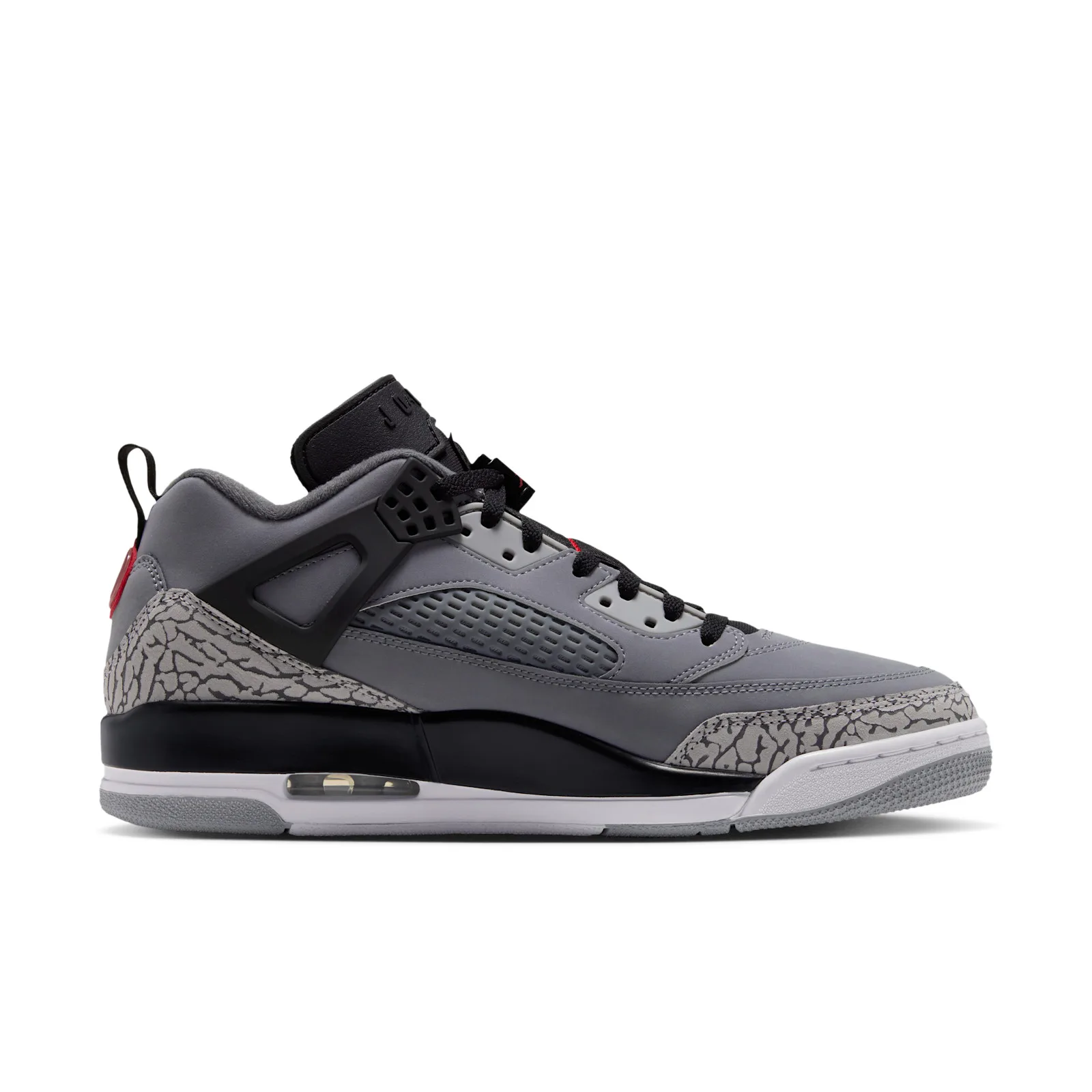 Medial view on white, black tongue, red Jumpman logo, elephant-print heel, Cool Grey
