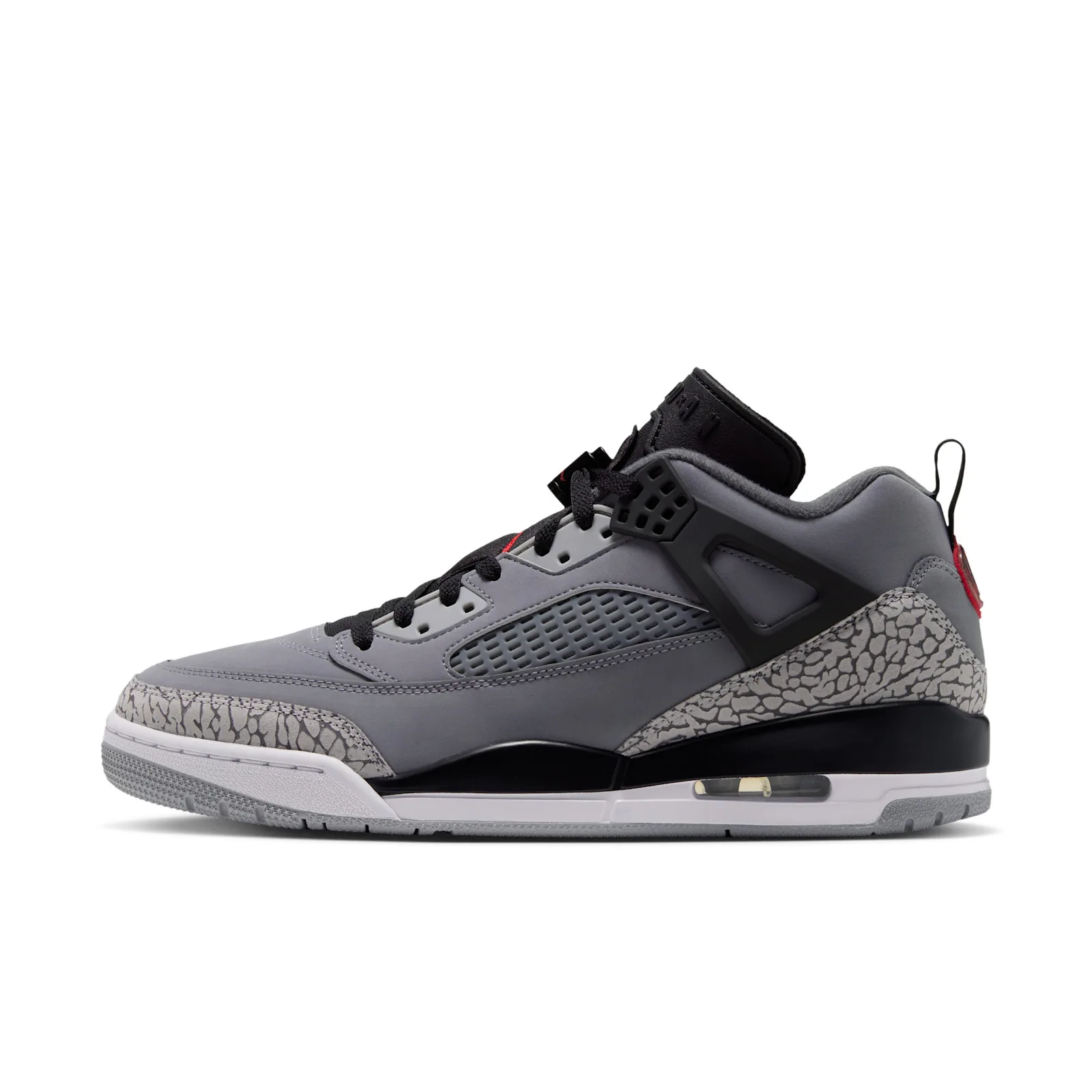 Lateral view on white, grey upper, black mudguard, elephant-print heel, Cool Grey