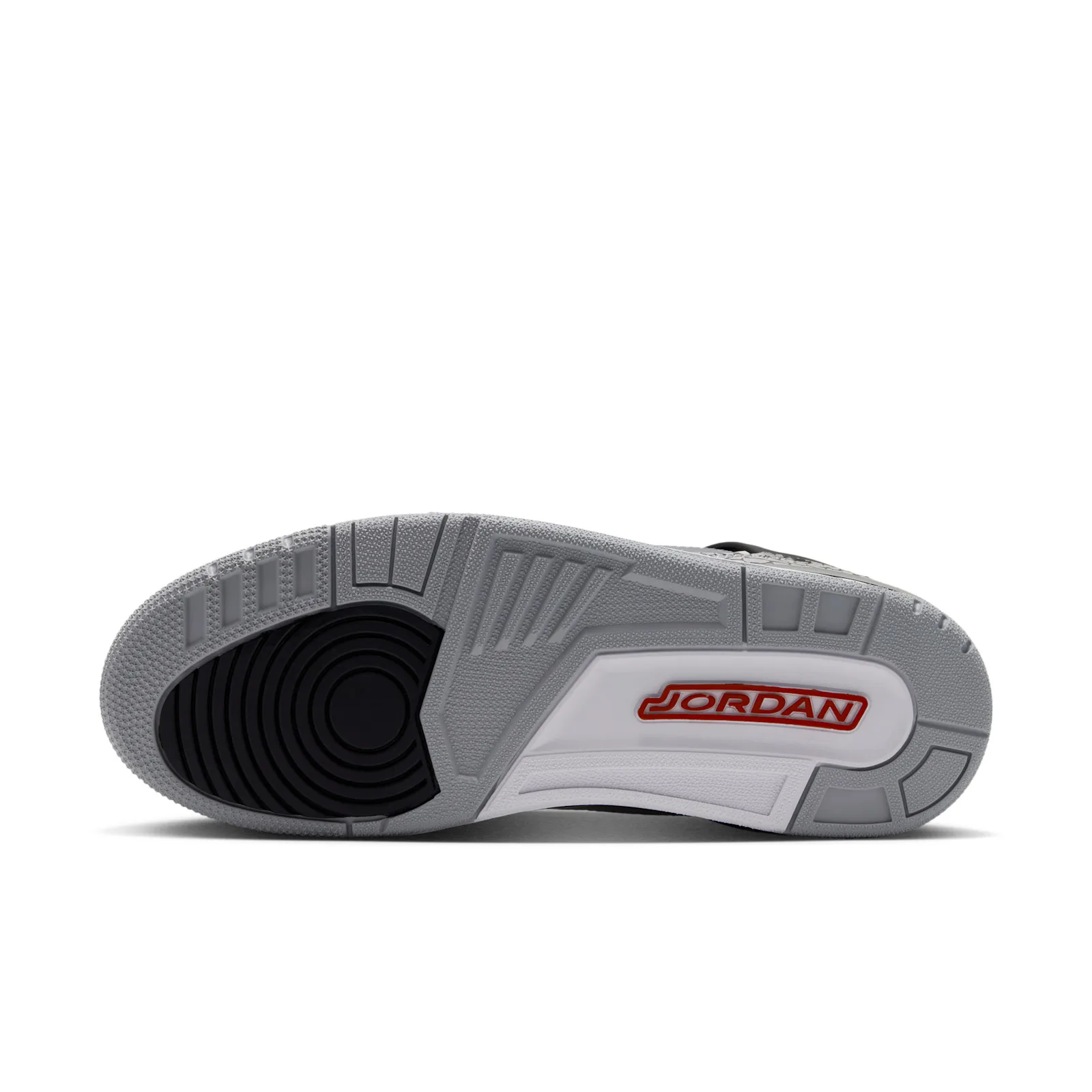 Outsole view on white, grey tread with red Jordan wordmark, Cool Grey