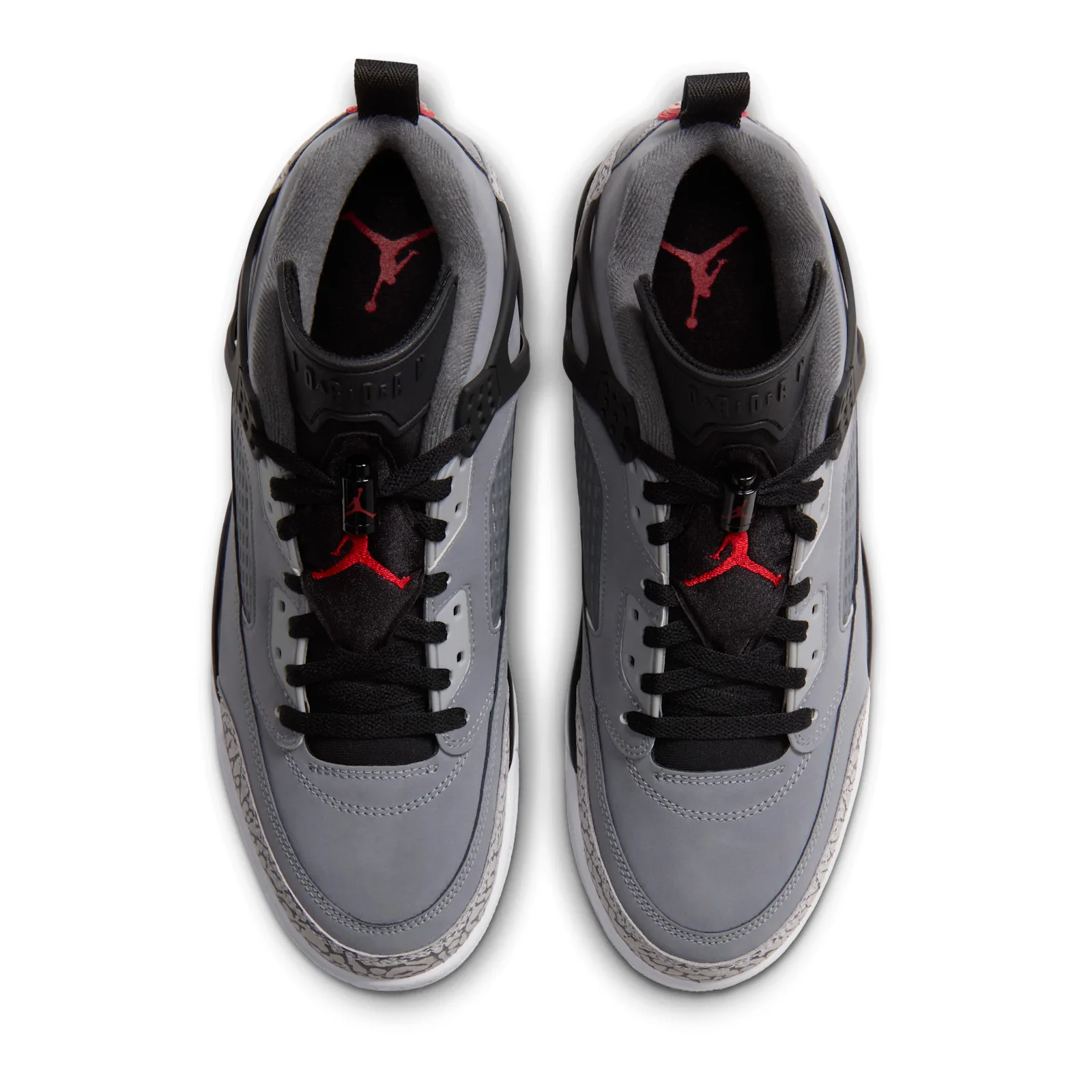 Top-down pair view on white, red Jumpman logo on black tongue lining, Cool Grey
