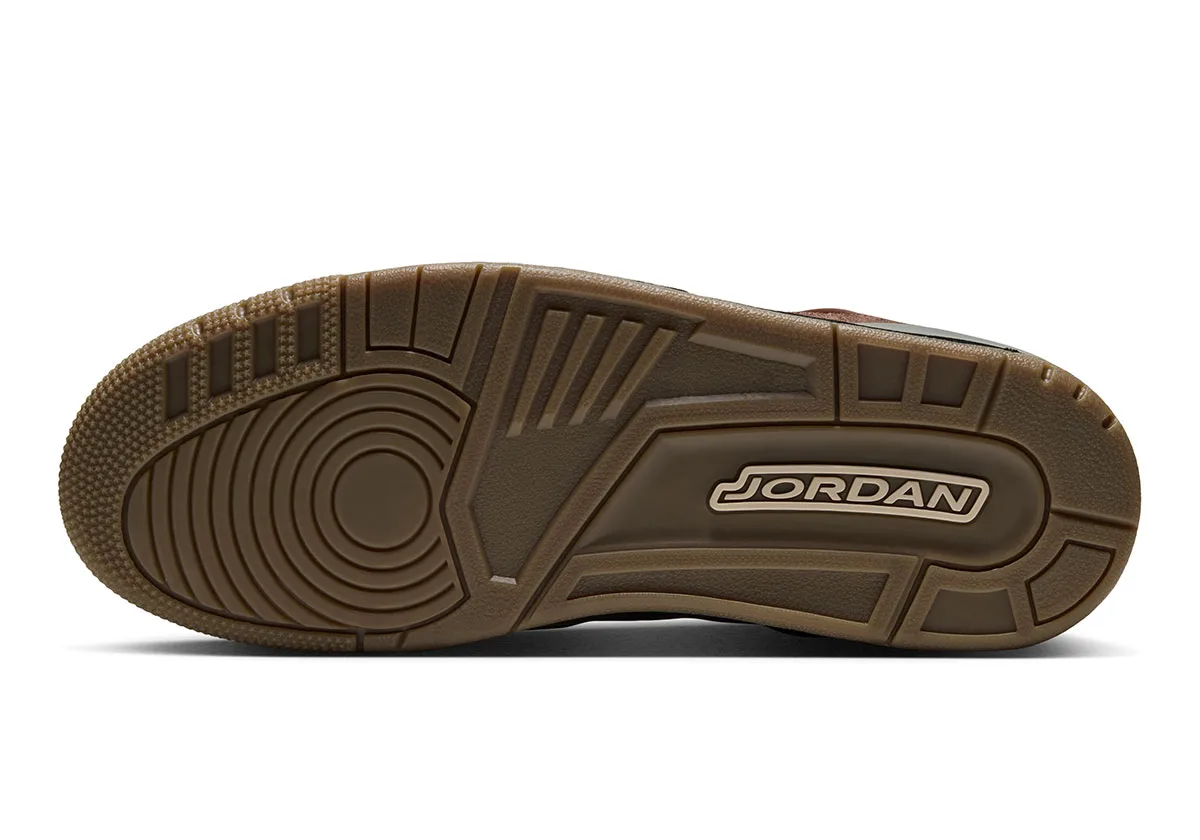 outsole view showing gum rubber tread with tan Jordan branding, ike Low “Fauna Brown