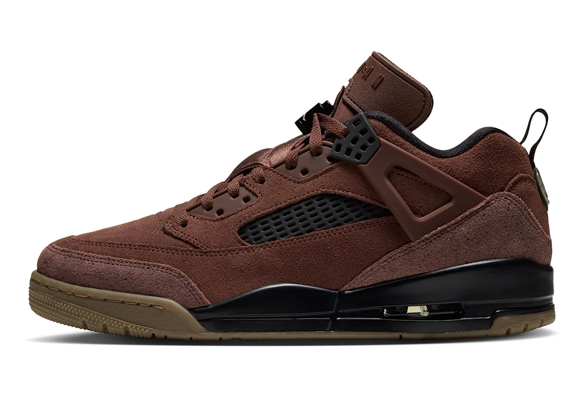 lateral side view, brown suede upper with black mesh panel and gum sole, ike Low “Fauna Brown