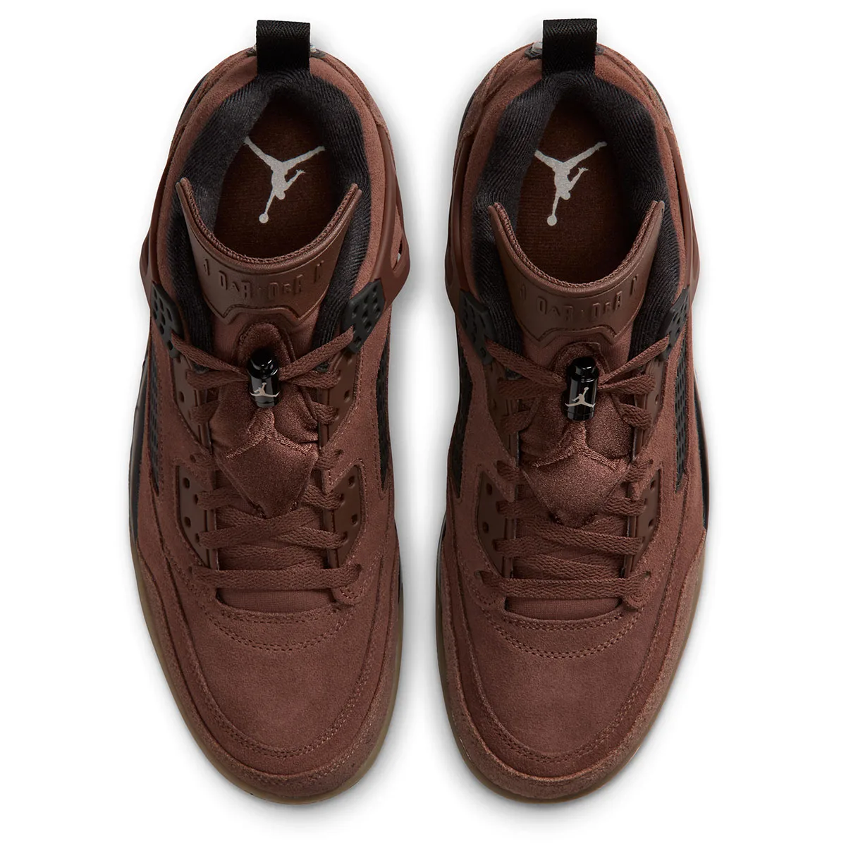 top-down view of pair, brown suede uppers with grey Jumpman on insoles, ike Low “Fauna Brown