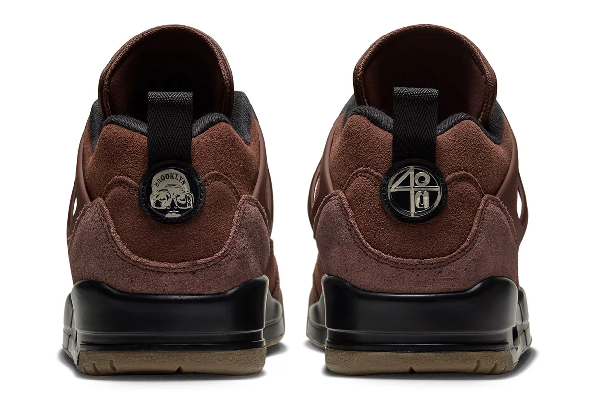 heel view of pair, brown suede with Brooklyn and 40 heel badges, gum outsole, Jordan Spiz'ike Low “Fauna Brown”