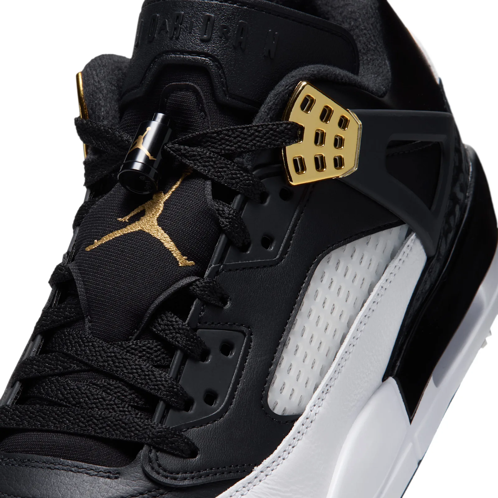 tongue close-up, gold Jumpman embroidery, gold lace toggle and gold lace jewel, DMP