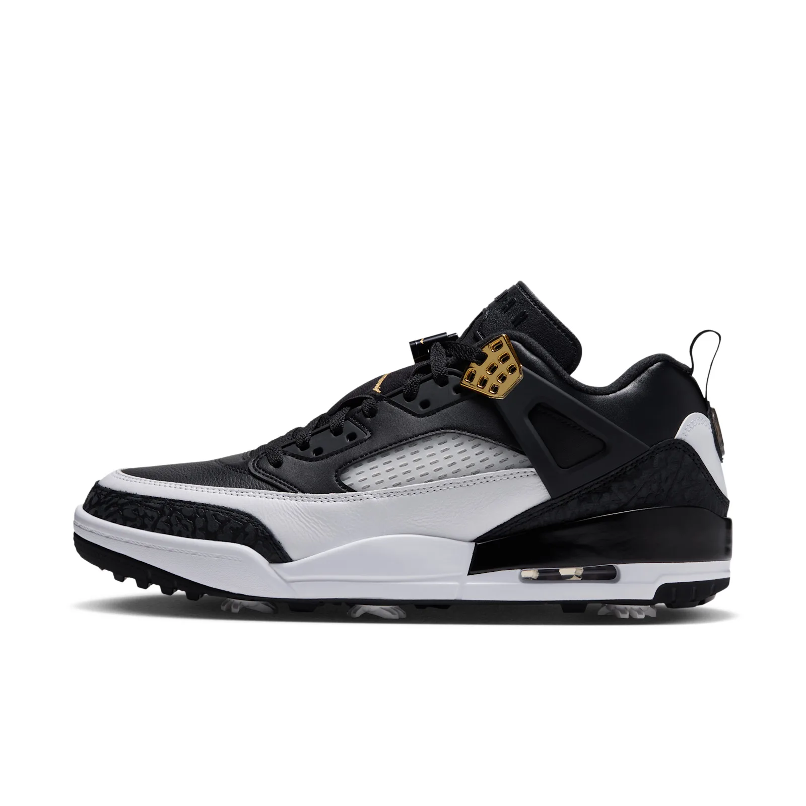 lateral view, black and white leather with elephant print toe and gold lace jewel, DMP