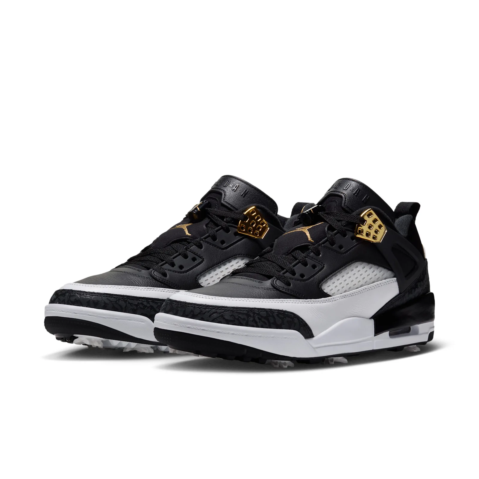 front angled pair view, black and white elephant print with gold Jumpman and lace jewels, DMP
