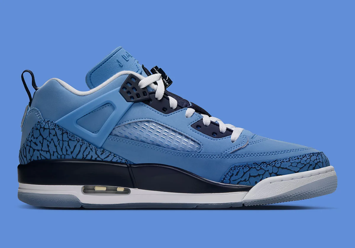 lateral view, blue nubuck upper with navy elephant print heel and white/navy laces, UNC