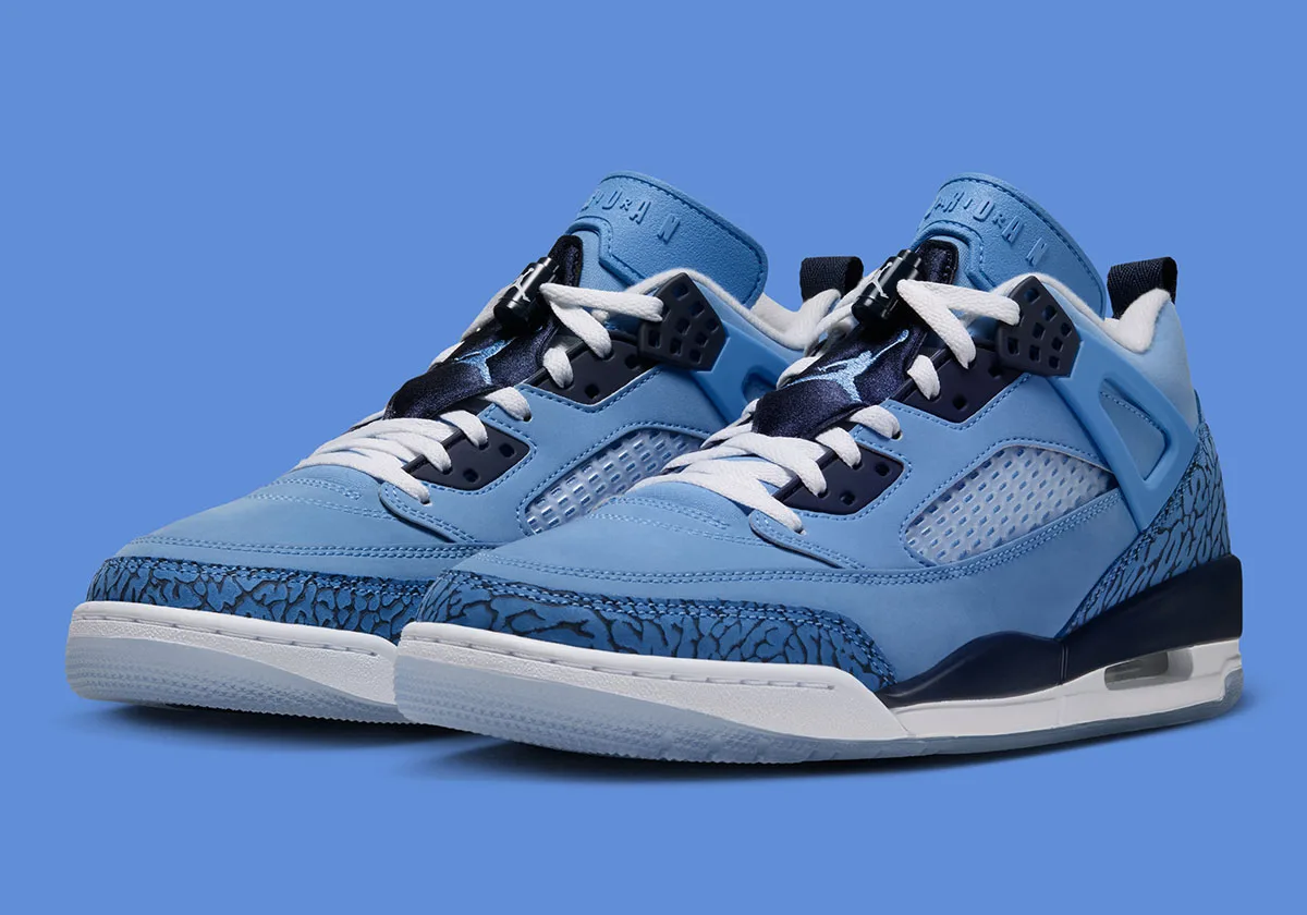 front lateral pair view, matching blue and navy elephant print sneakers, UNC
