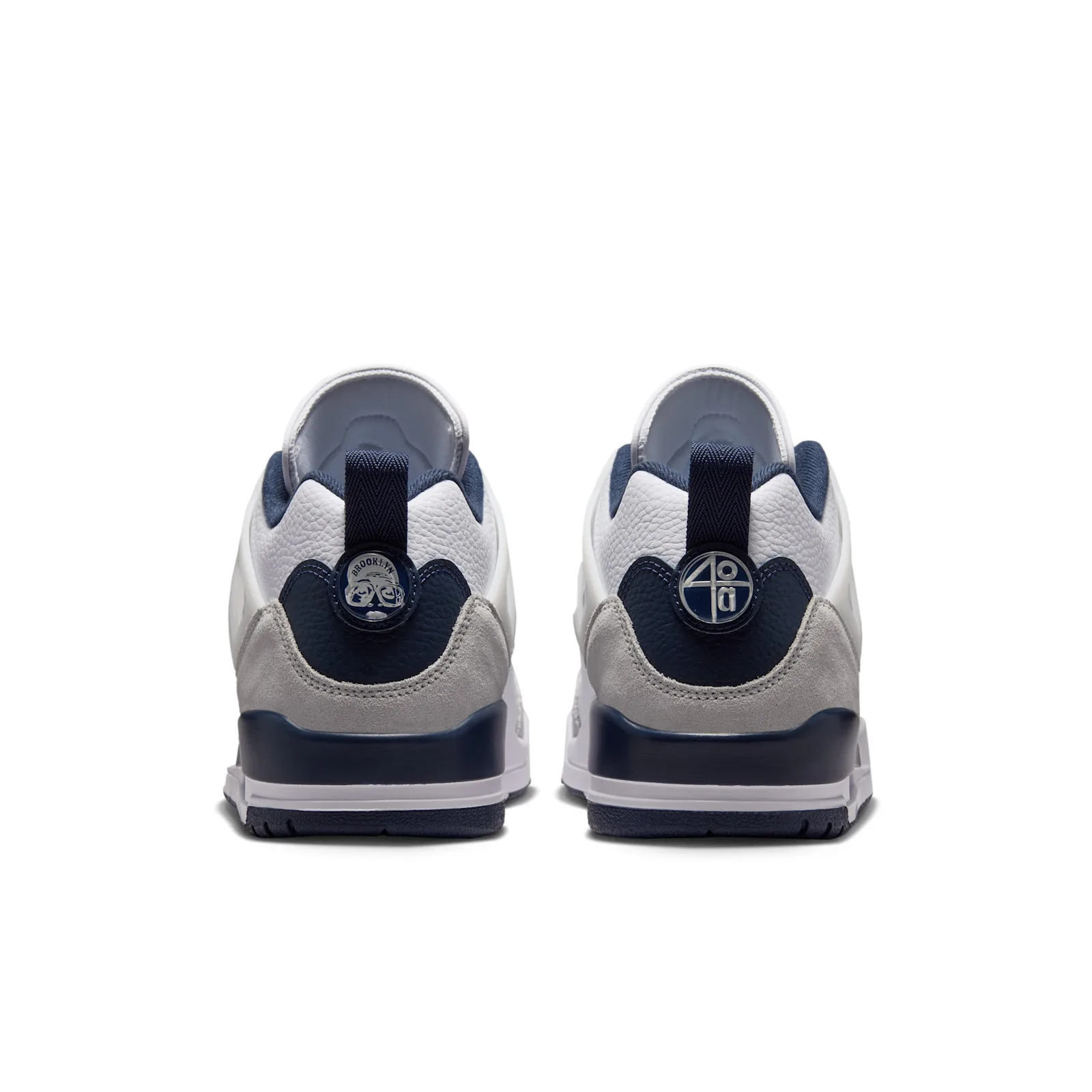 heel view of pair, navy suede panels with circular heel logos and grey overlays, Grey Fog
