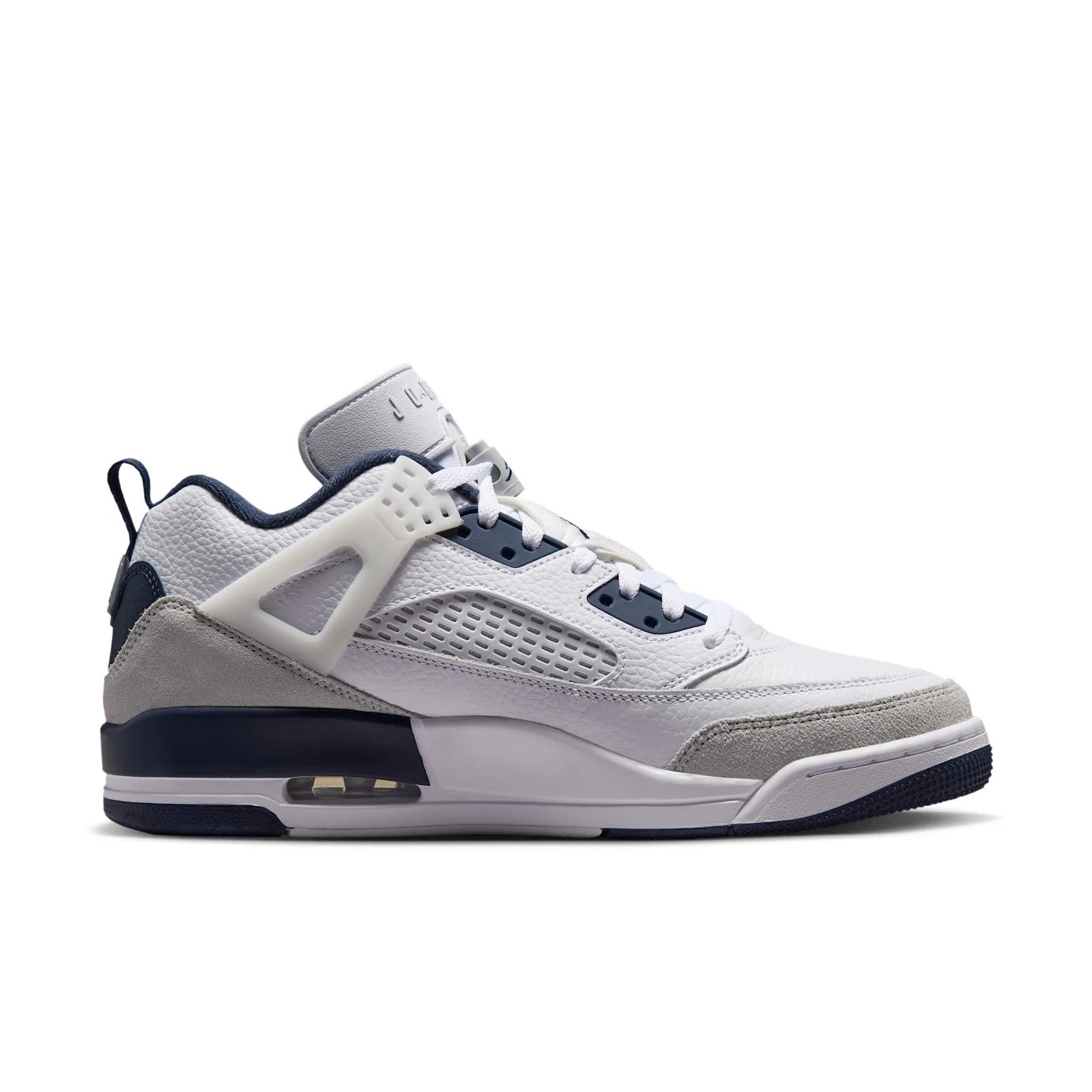 lateral view close on heel, grey suede wing and navy pull tab with white midsole, Grey Fog