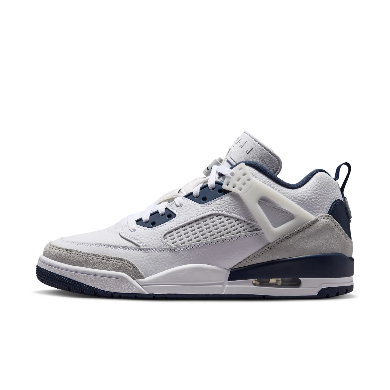 lateral side view, white pebbled leather, navy lace panels and grey suede toe, Grey Fog