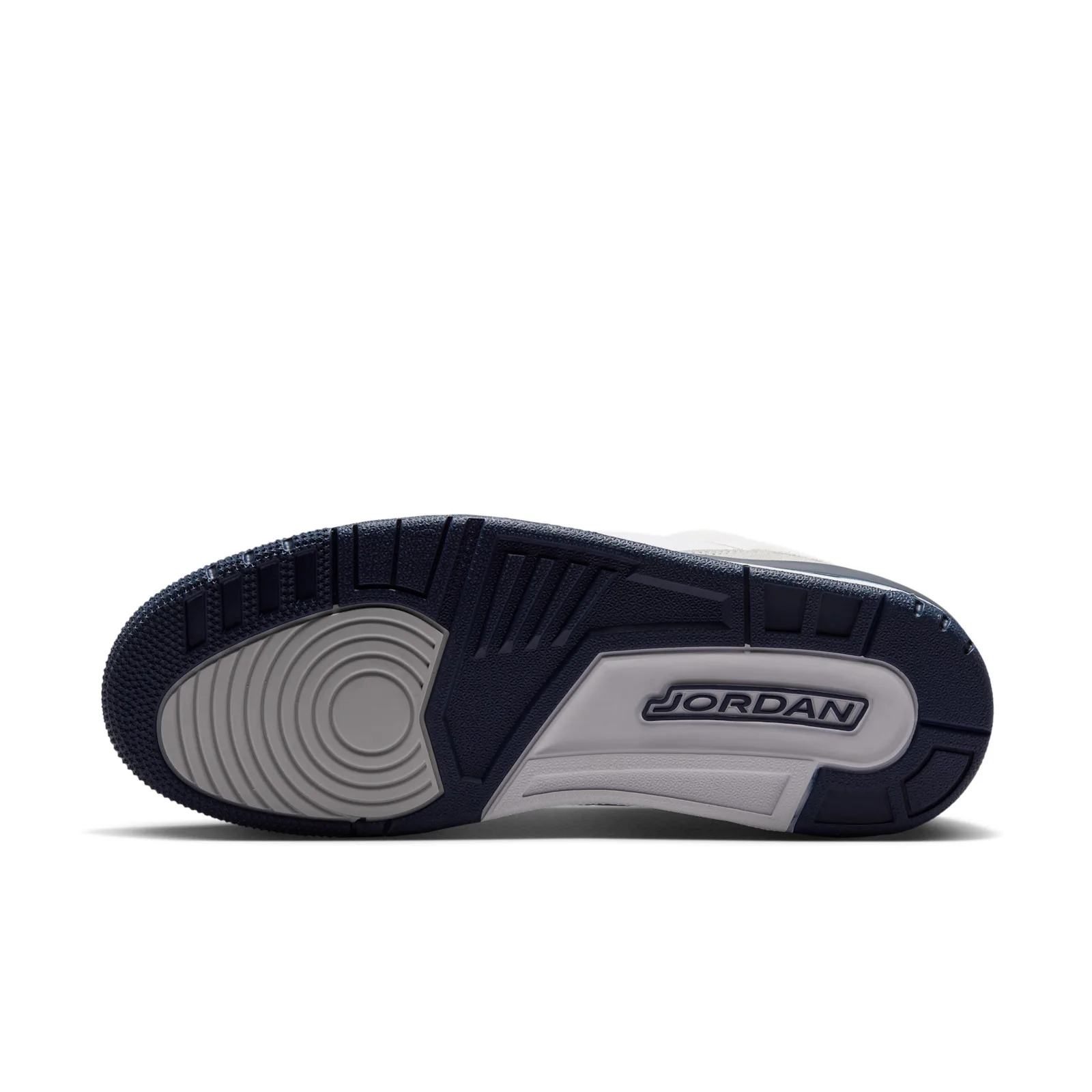 outsole view, navy and grey tread pattern with Jordan wordmark on heel, Grey Fog