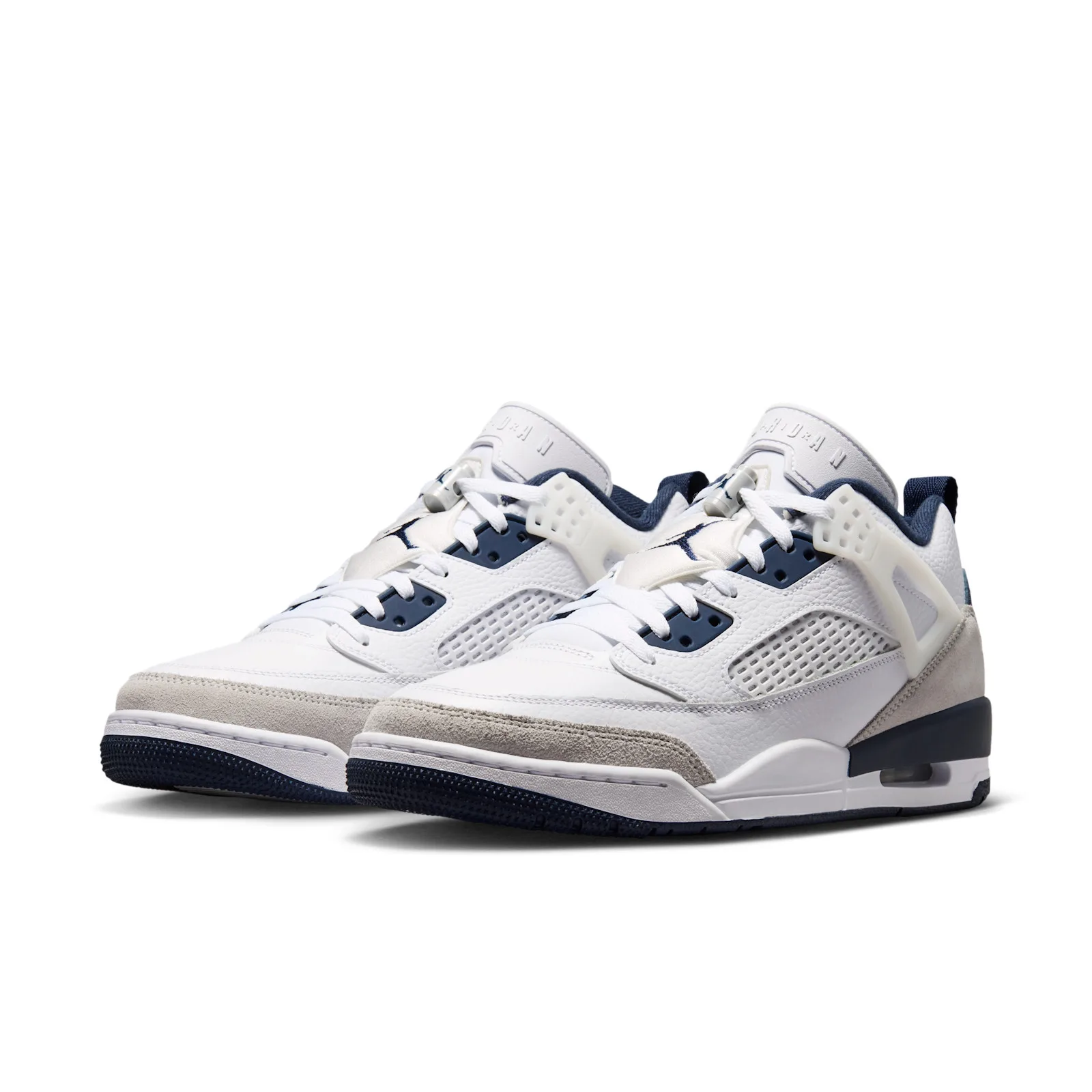 three-quarter pair view, white upper, navy midfoot strap and grey suede toe caps, Grey Fog