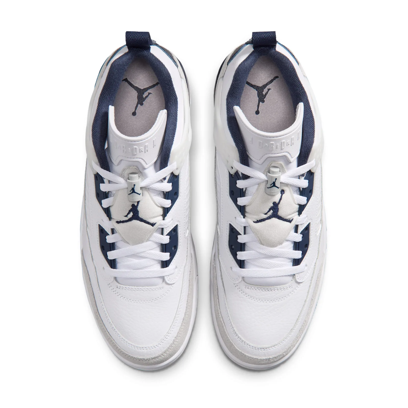 top-down view of pair, white laces, navy tongue trim and embroidered Jumpman logos, Grey Fog