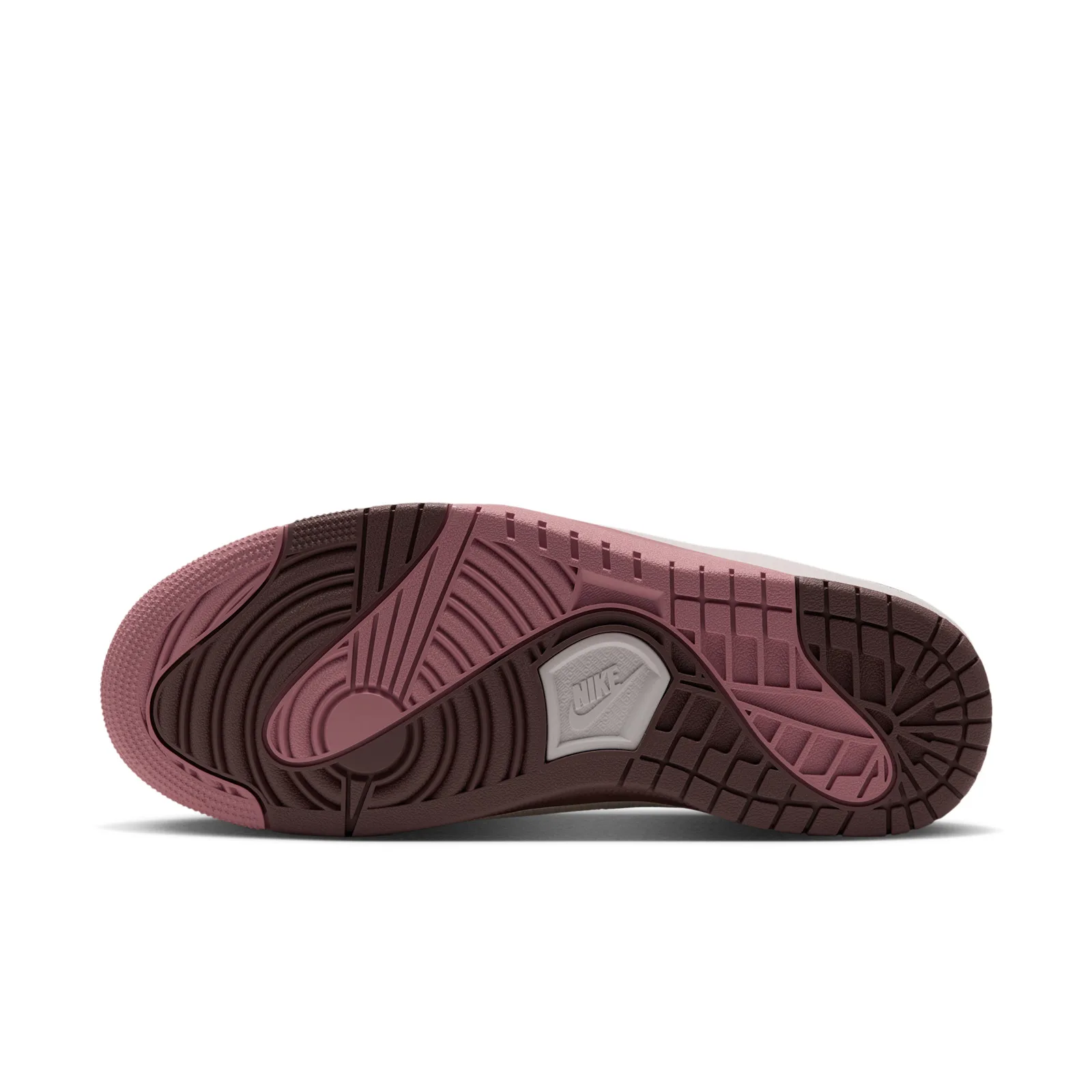 Outsole view, pink and burgundy tread pattern with Nike logo, Jordan Strada