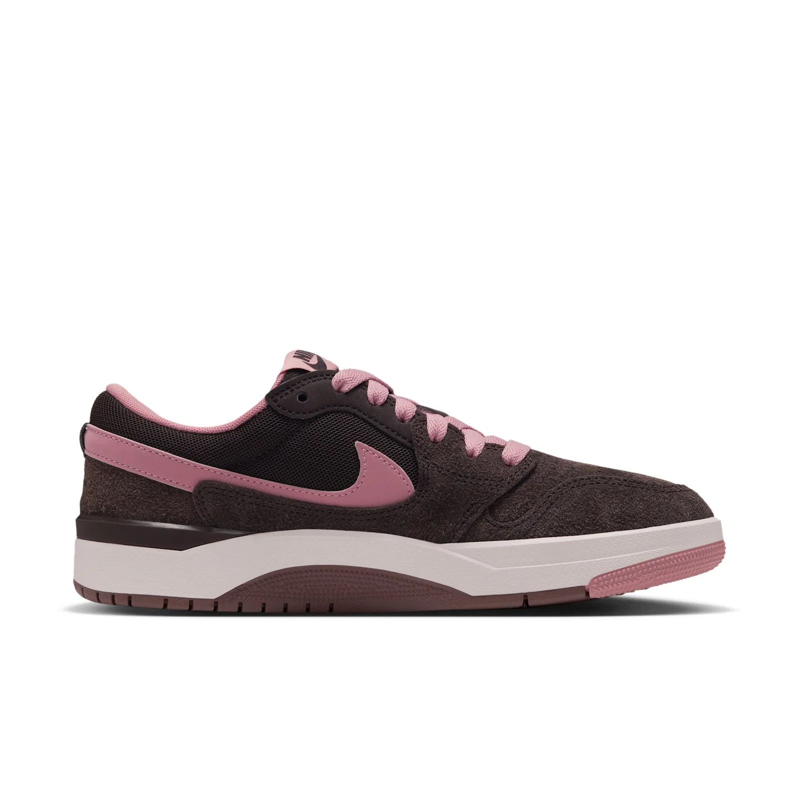 Side view, black mesh vamp with pink swoosh and Nike Air tongue tag, Jordan Strada