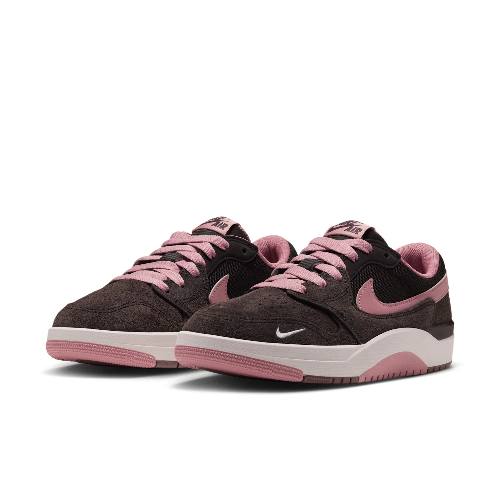 Pair, three-quarter view, brown suede with pink swoosh accents, Jordan Strada