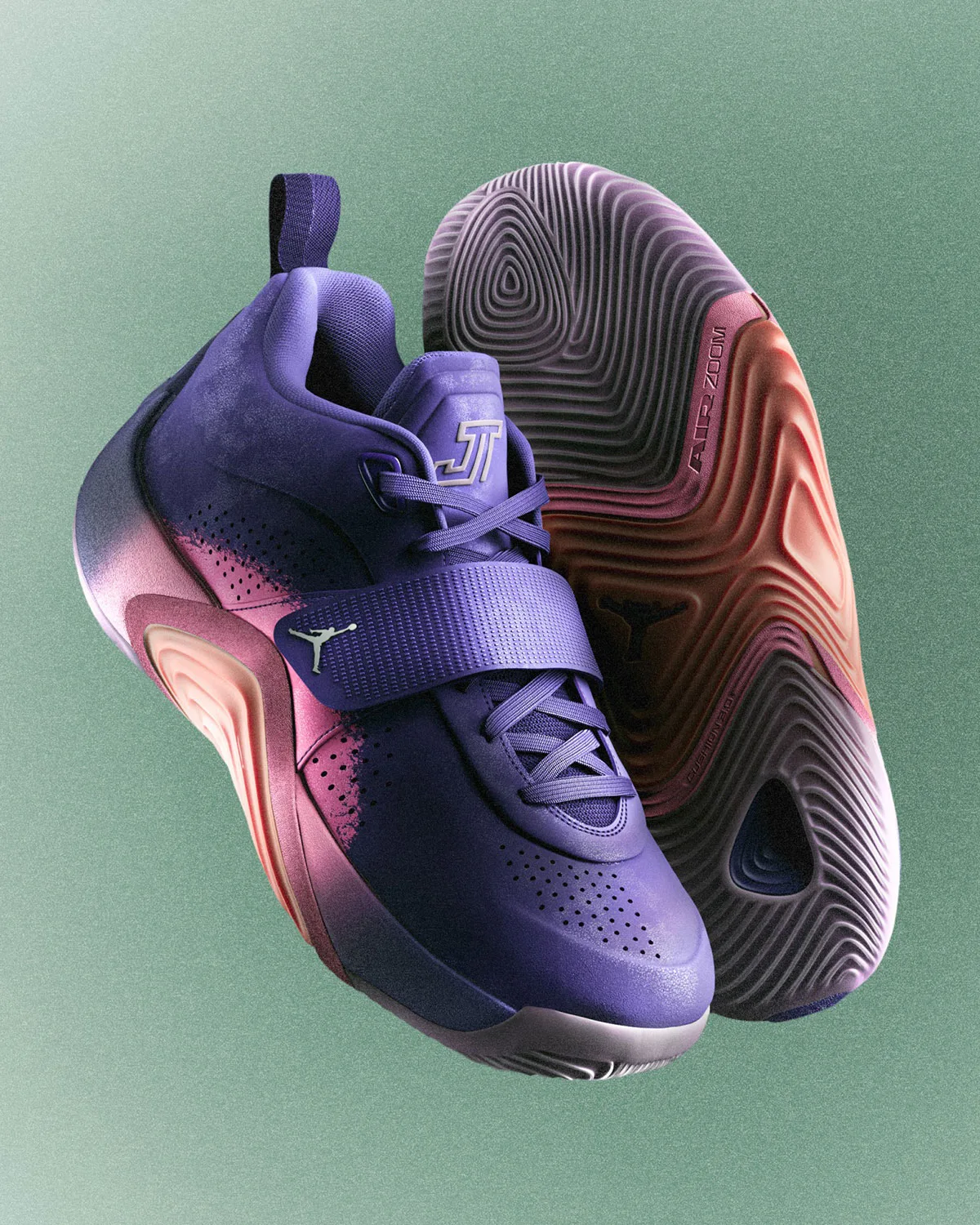 Medial and outsole pair view, purple upper fading into pink midsole, Jordan Tatum 5