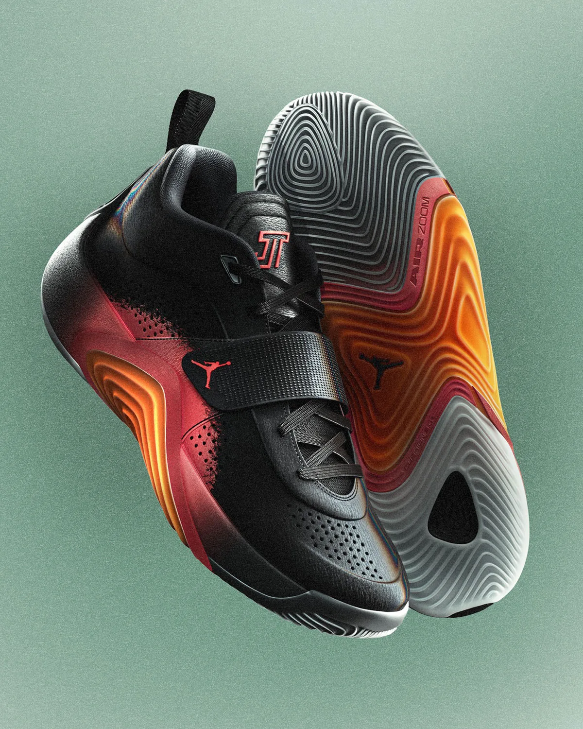 Lateral and outsole pair view, black upper fading to red-orange midsole, Jordan Tatum 5 in Sunrise