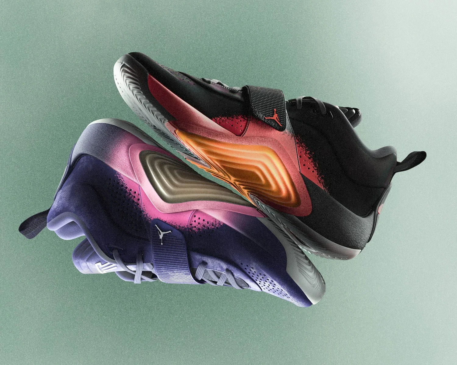 Two pairs floating, purple-pink and black-orange gradient midsoles, Jordan Tatum 5