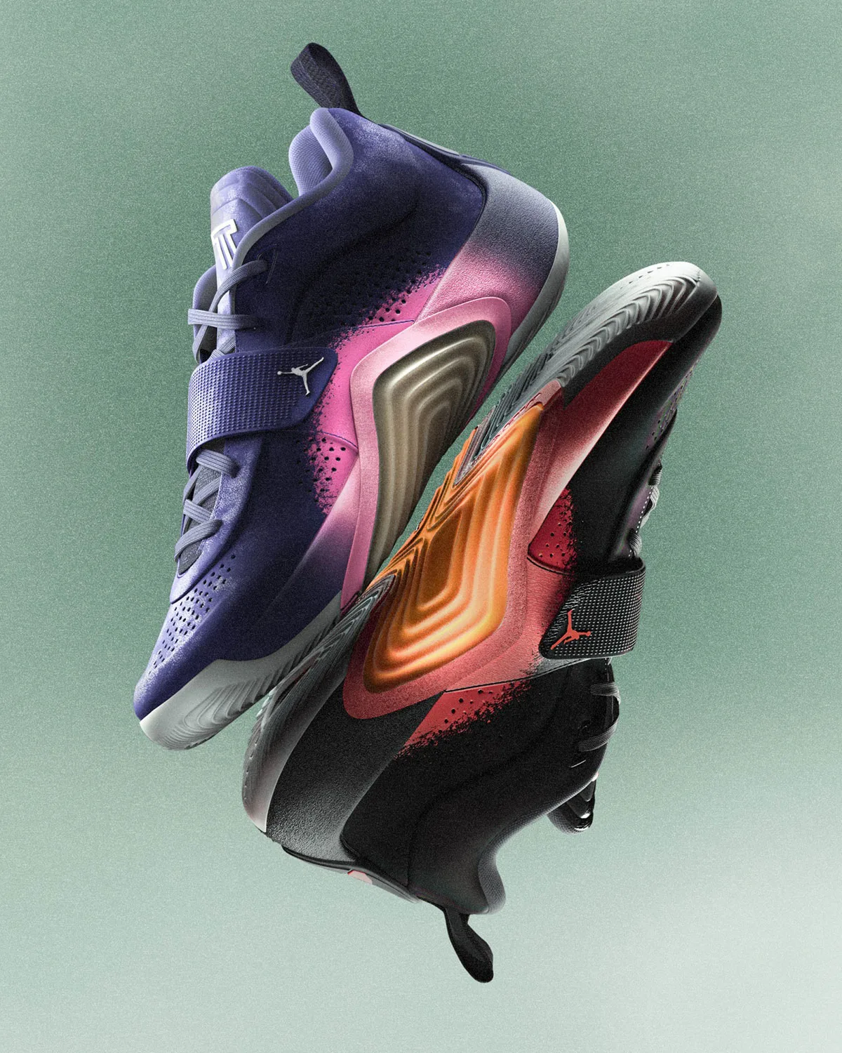 Two pairs floating, purple-pink and black-orange gradient midsoles, Jordan Tatum 5