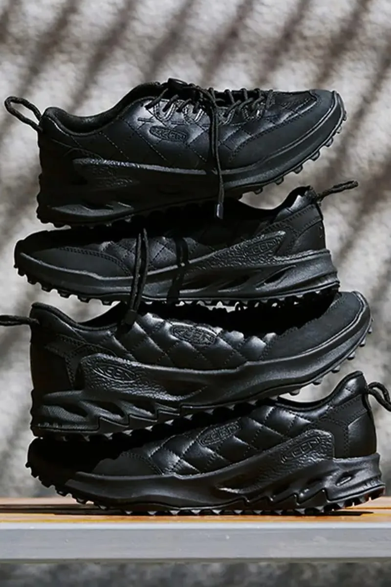 four pairs stacked showing lateral and outsole views, black quilted leather and lug soles, DOE Jasper Zionic