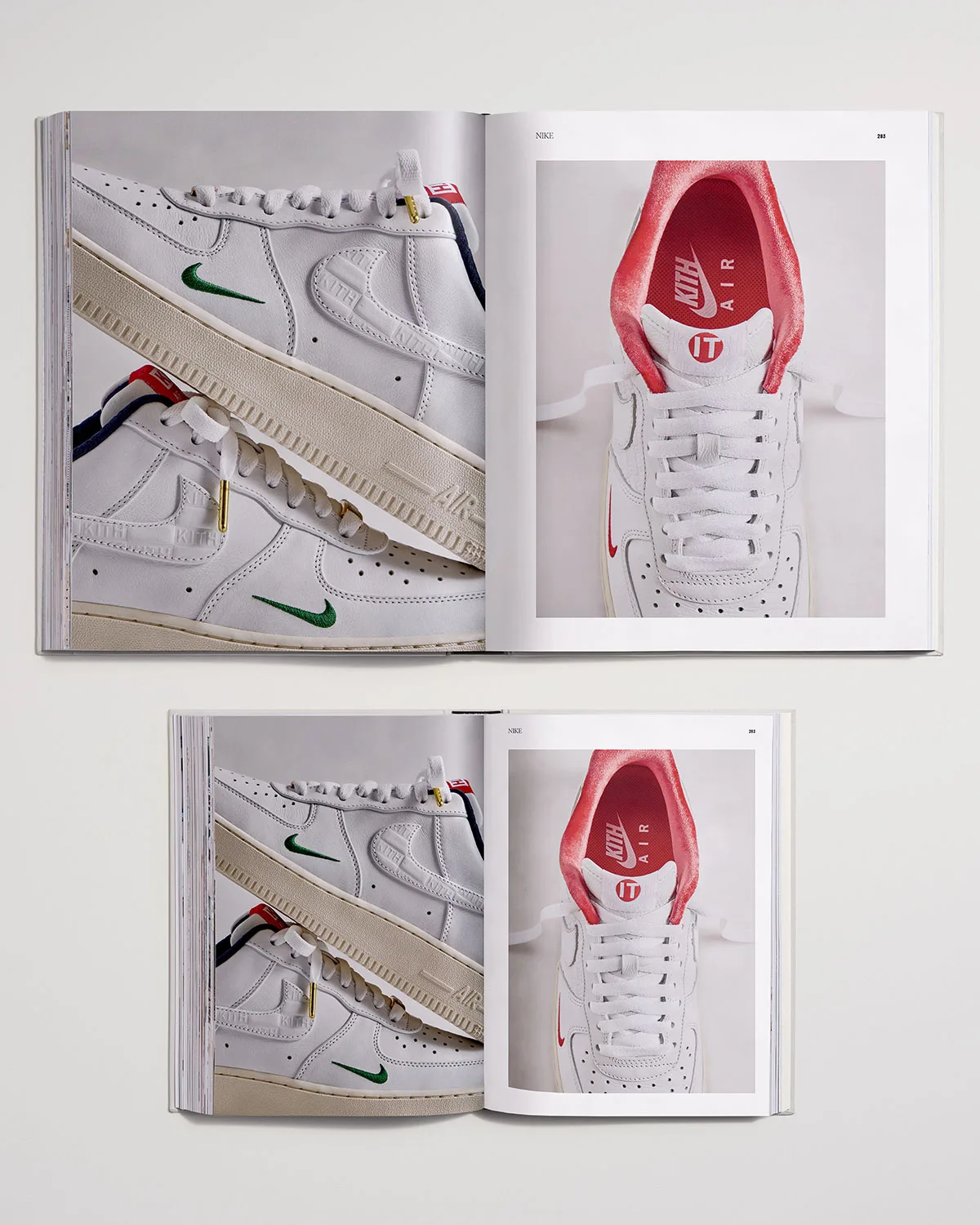 open spread of white leather sneaker with green swoosh and red kith insole, The Footwear Archive