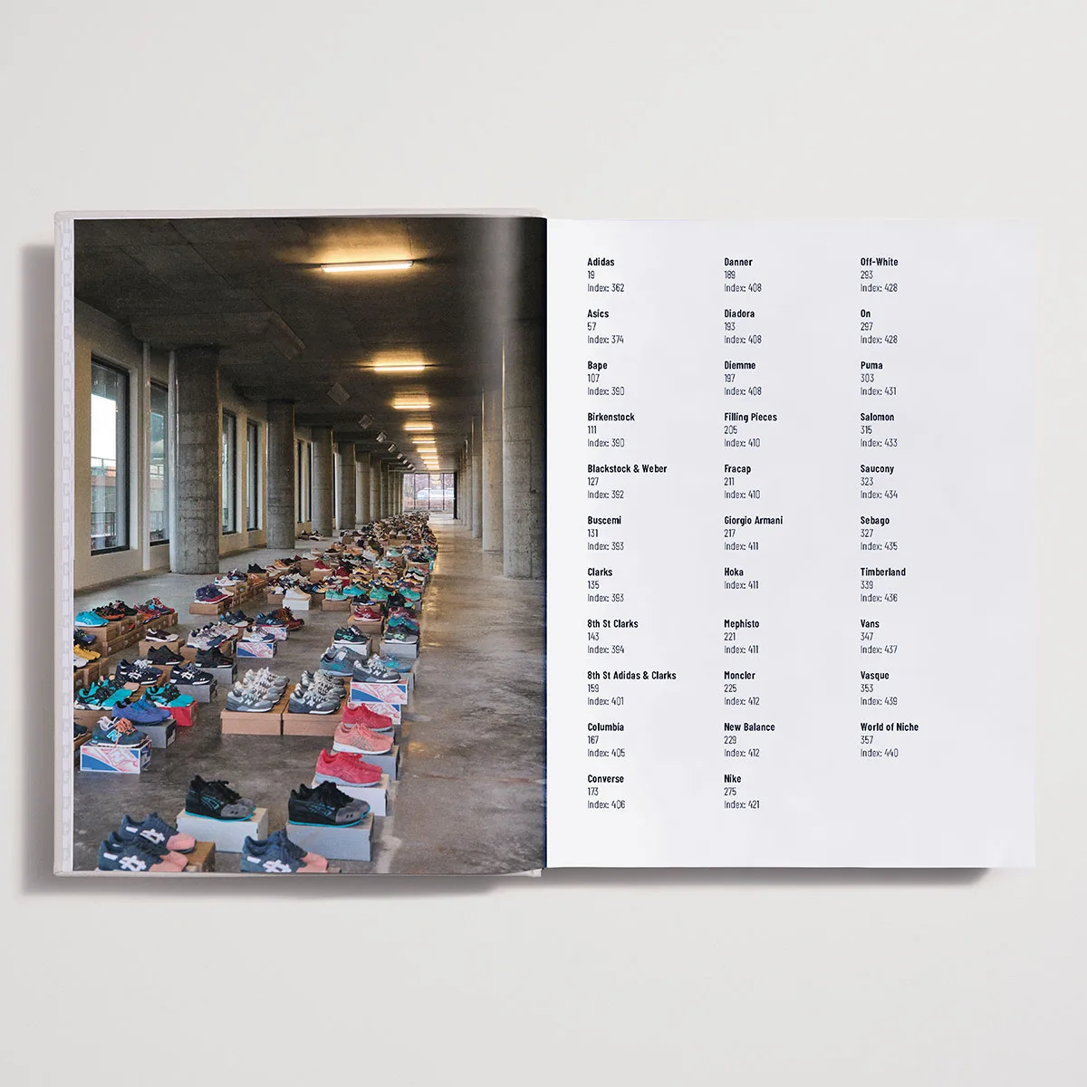 open spread of a warehouse hallway lined with sneakers beside a brand index, The Footwear Archive