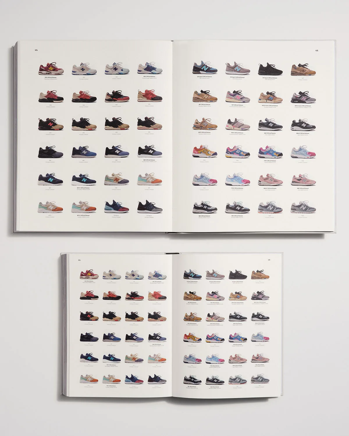 open spread with a grid of new balance sneakers in varied colourways, The Footwear Archive