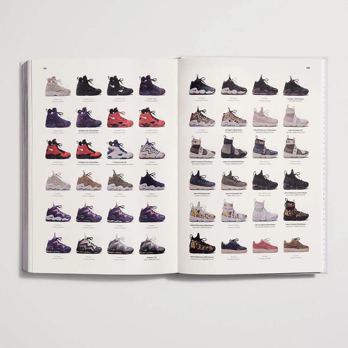 open spread with a grid of high-top sneakers in purple, red and black, The Footwear Archive