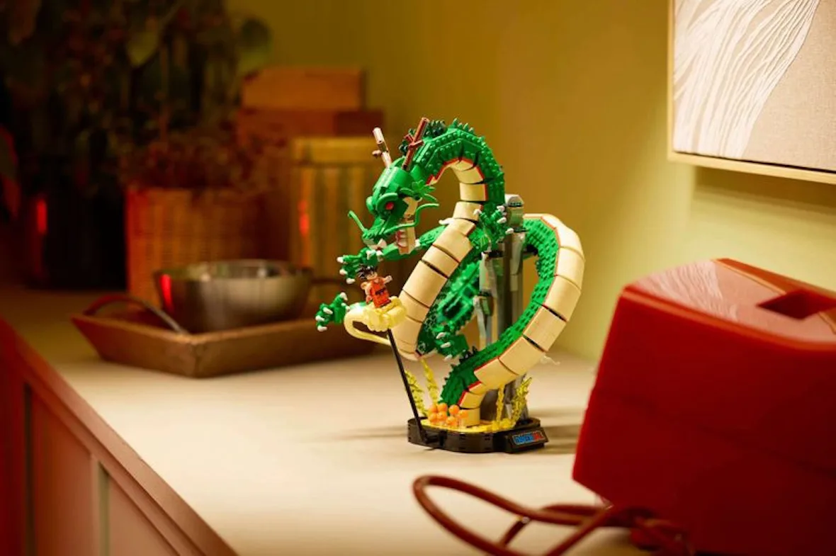 lifestyle shot of dragon build on countertop beside red kettle and plant, Shenron & Goku