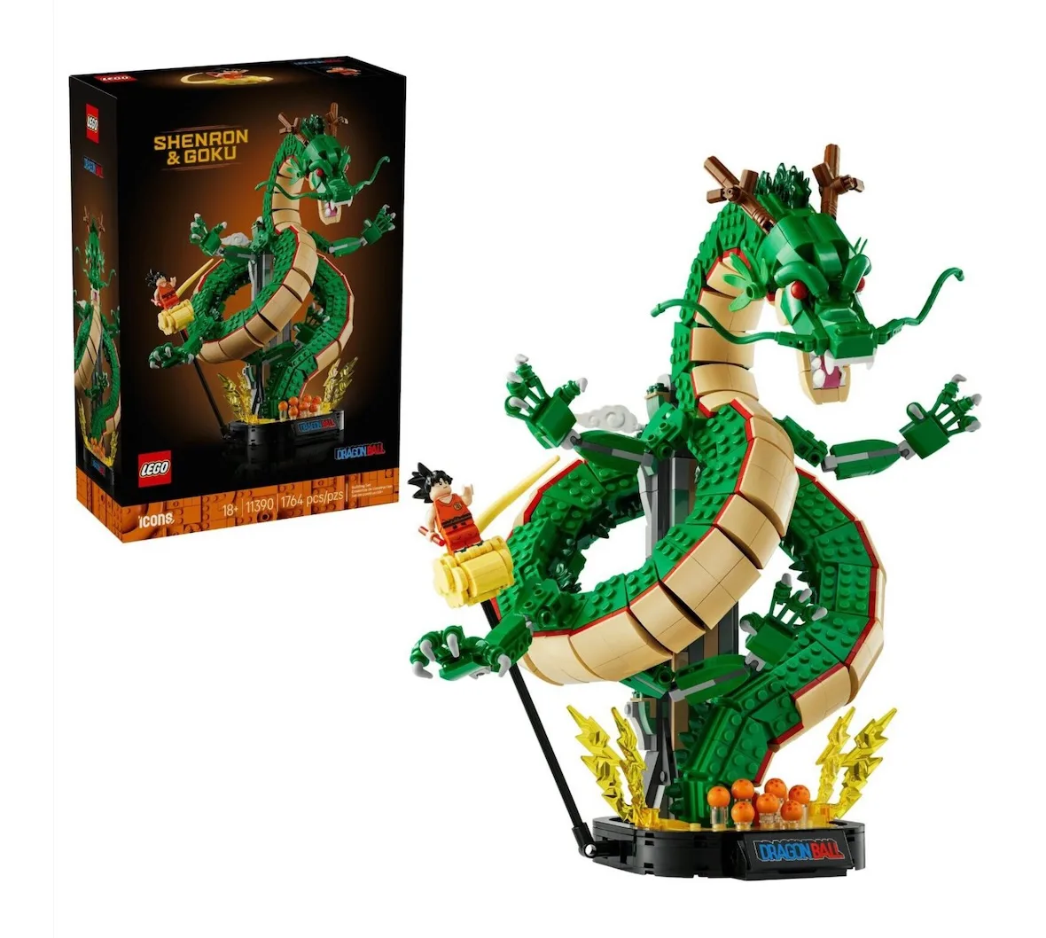 full build beside black retail box printed Shenron & Goku, 1764 pcs, Shenron & Goku