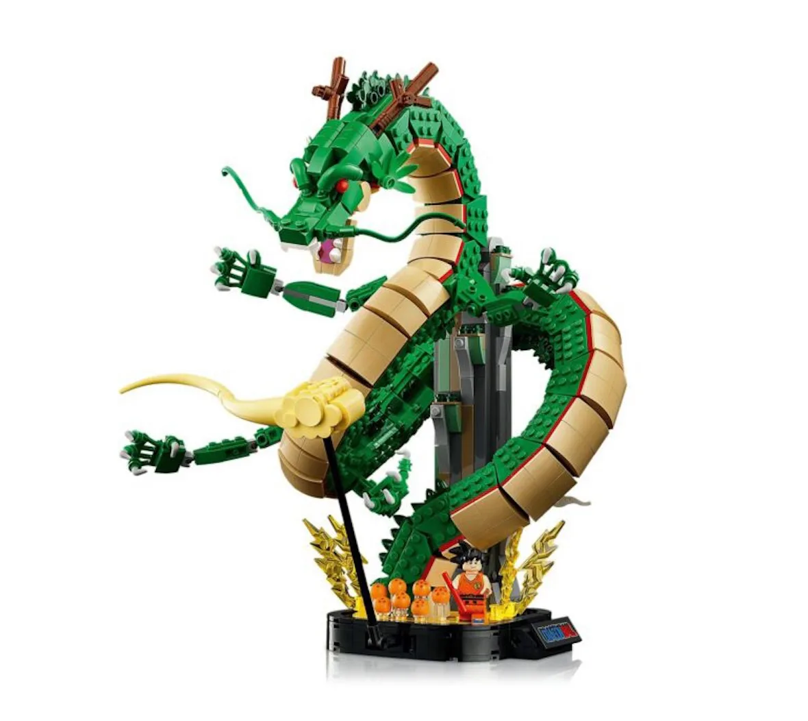 three quarter view of dragon with Goku minifigure riding yellow cloud, Shenron & Goku