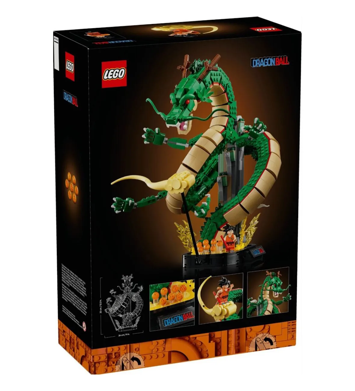 angled view of black retail box back panel with build photos and logos, Shenron & Goku