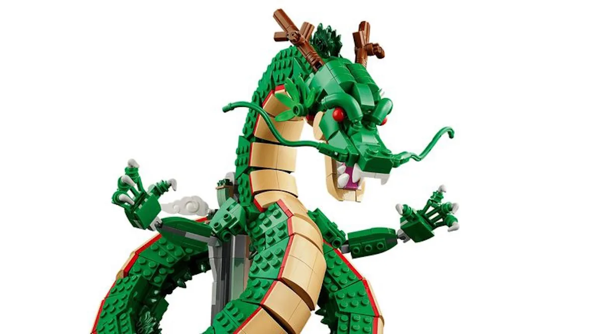 close-up of green dragon head with red eyes and brown whisker pieces, Shenron & Goku