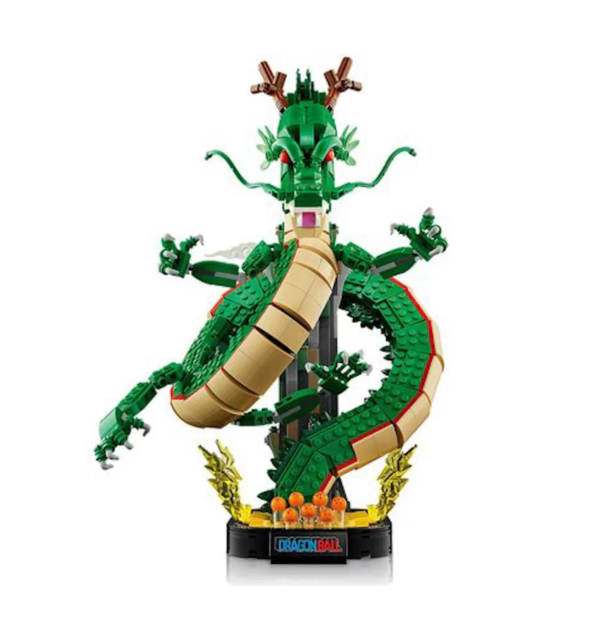 front view of coiled green dragon figure with brown whiskers on black stand, Shenron & Goku